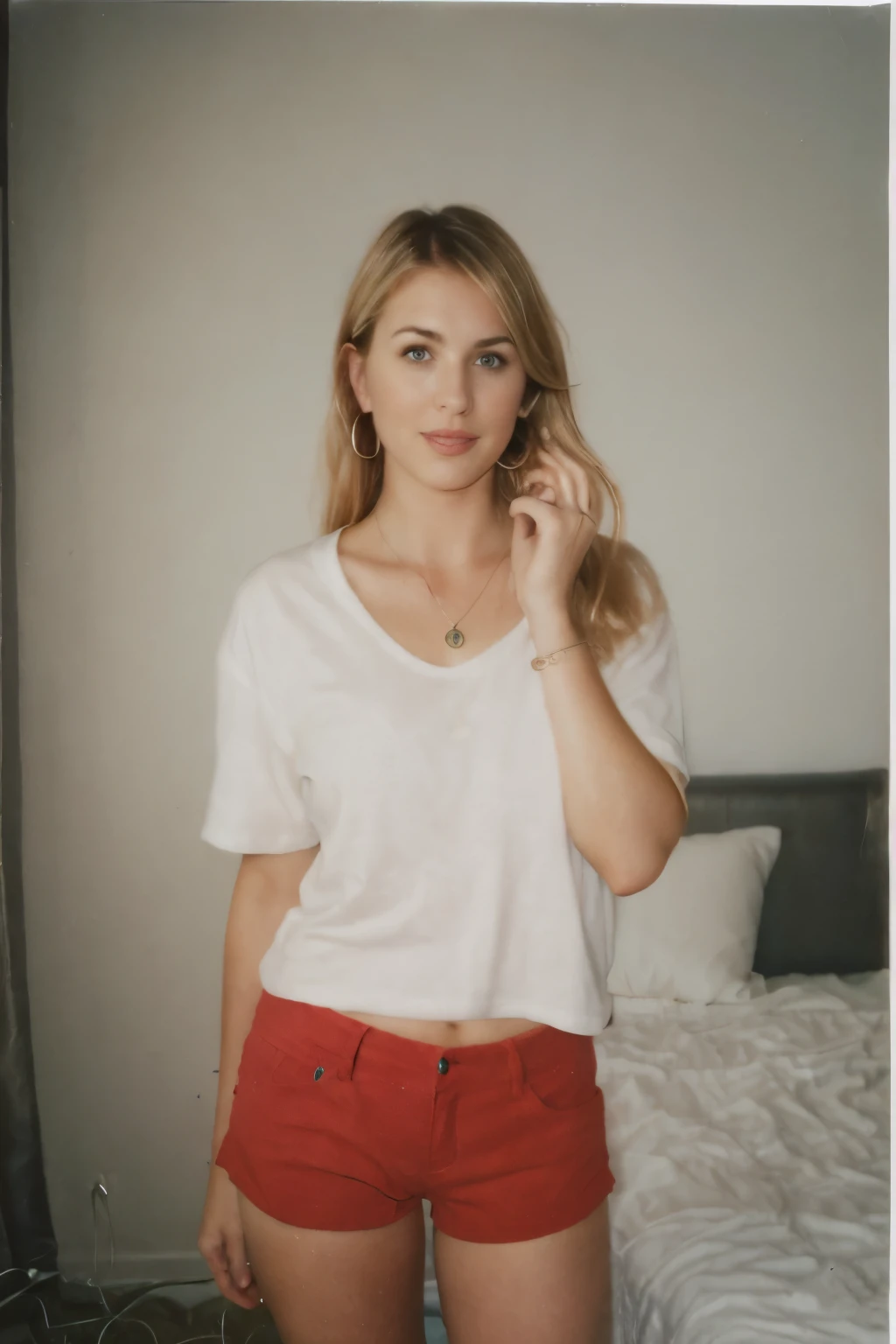 25 year old girl, (Kaley Cuoco:0.8), (Camilla Belle:0.9), (eugenie bouchard), beauty, beautiful girl, seductive smirk , in dorm room,,polaroid 600 instant camera,voyeur photography, boudoir posing, hoop earrings, a wire thin necklace, wire thin bracelets, wind blown hair, shorts, oversized T-shirt, arm raised,