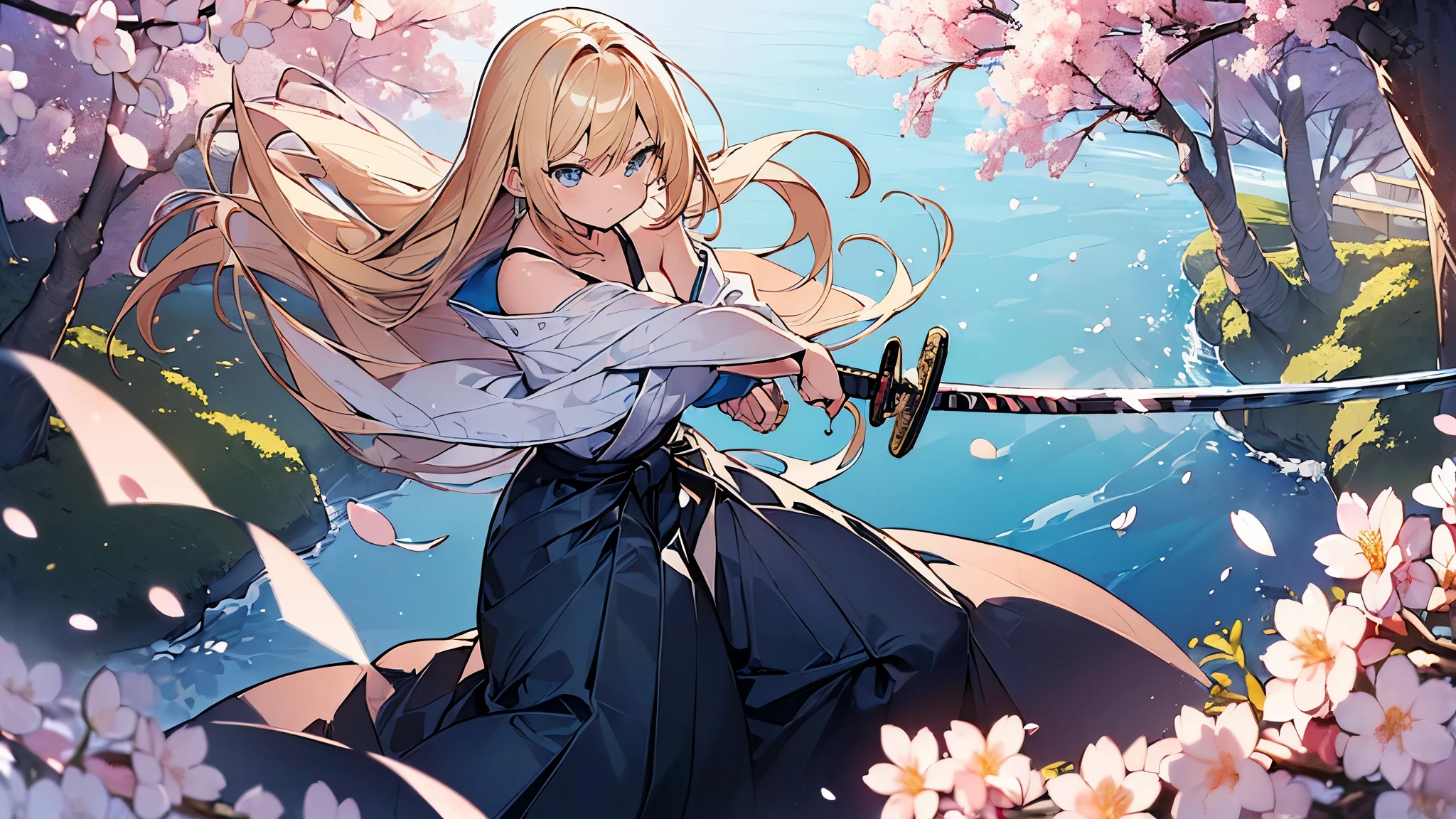 (Masterpiece, Top quality: 1.5) , (holding a katana sword:1.3), dynamic pose, 1 beautiful girl, solo, blond hair, (blue hakama :1.3), off shoulder, long hair, wave hair, (junior high school student:1.2), medium breasts, standard weight, (angry), Beautiful scene of cherry blossom trees, magnificent panorama view, SakuraFubuki:1.2