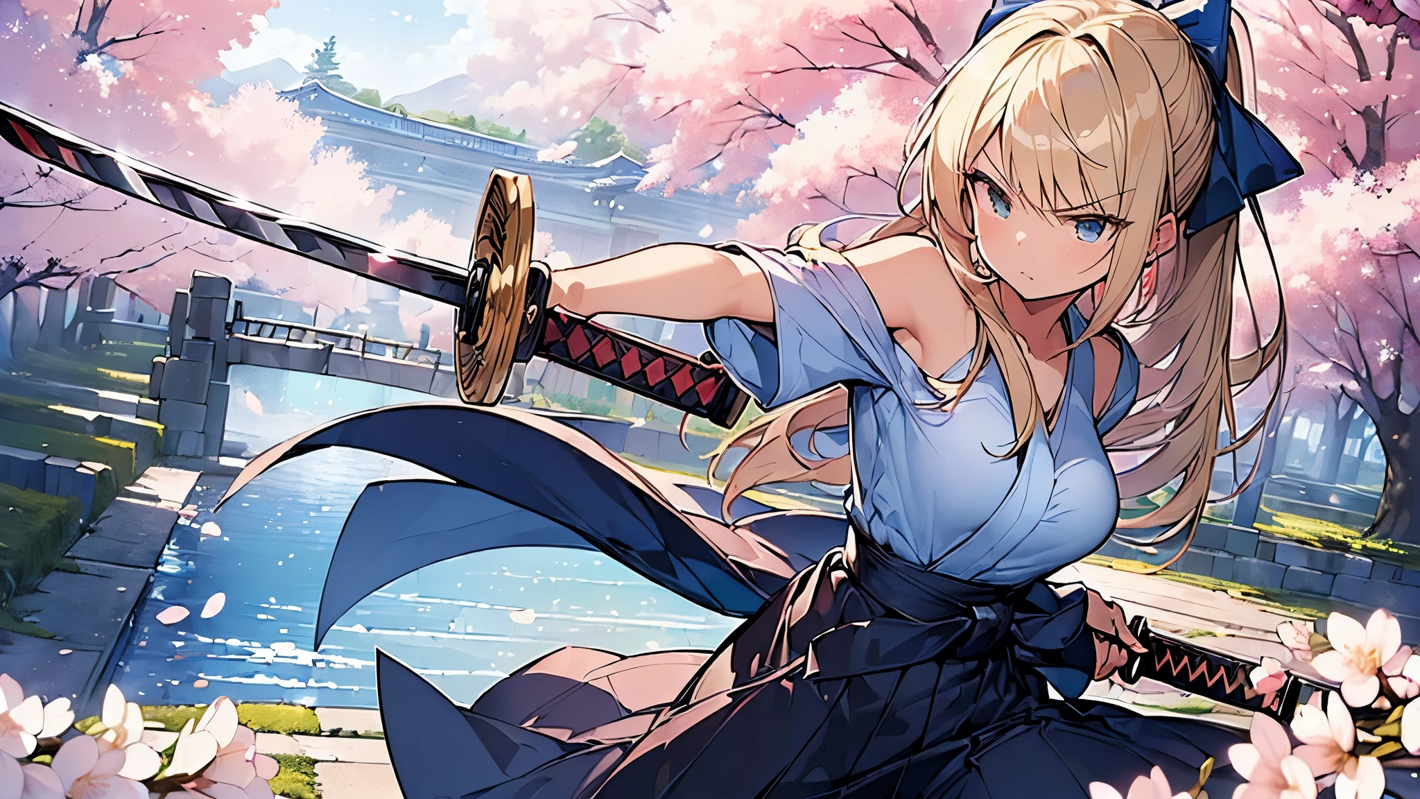 (Masterpiece, Top quality: 1.5) , (holding a katana sword:1.3), dynamic pose, 1 beautiful girl, solo, blond hair, (blue hakama :1.3), off shoulder, long hair, wave hair, (junior high school student:1.2), medium breasts, standard weight, (angry), Beautiful scene of cherry blossom trees, magnificent panorama view, SakuraFubuki:1.2