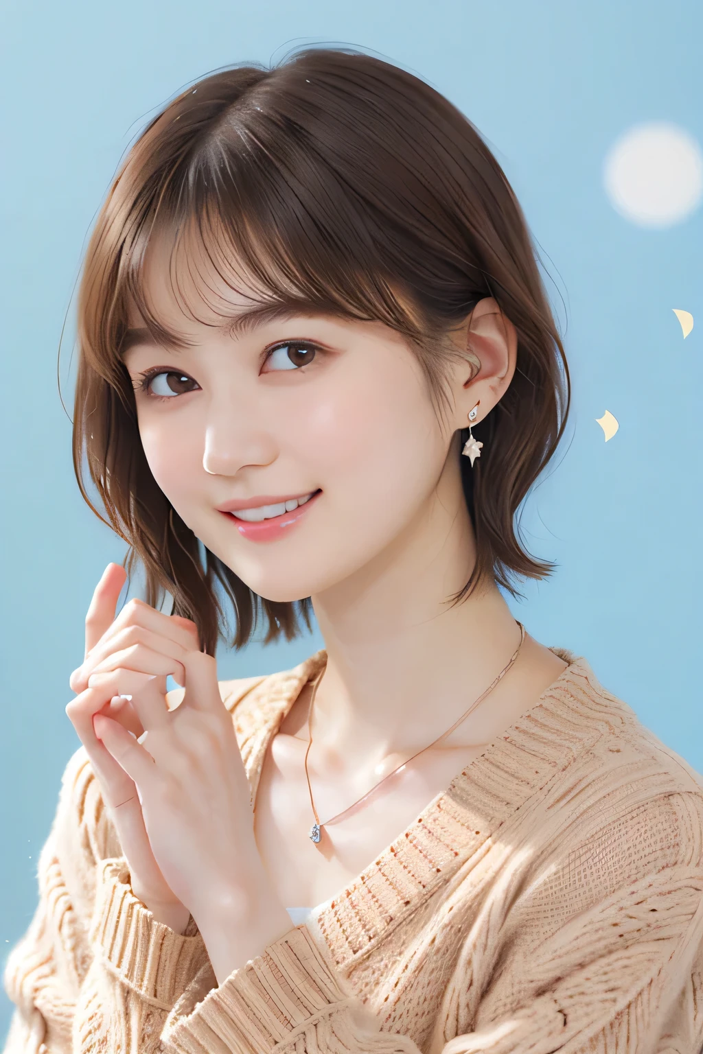 205  ((short hair)), 20-year-old female, In underwear、Put on a cardigan、 A refreshing smile、Open your mouth、Beautiful teeth alignment、Brown Hair、ear piercing、Necklace around the neck、