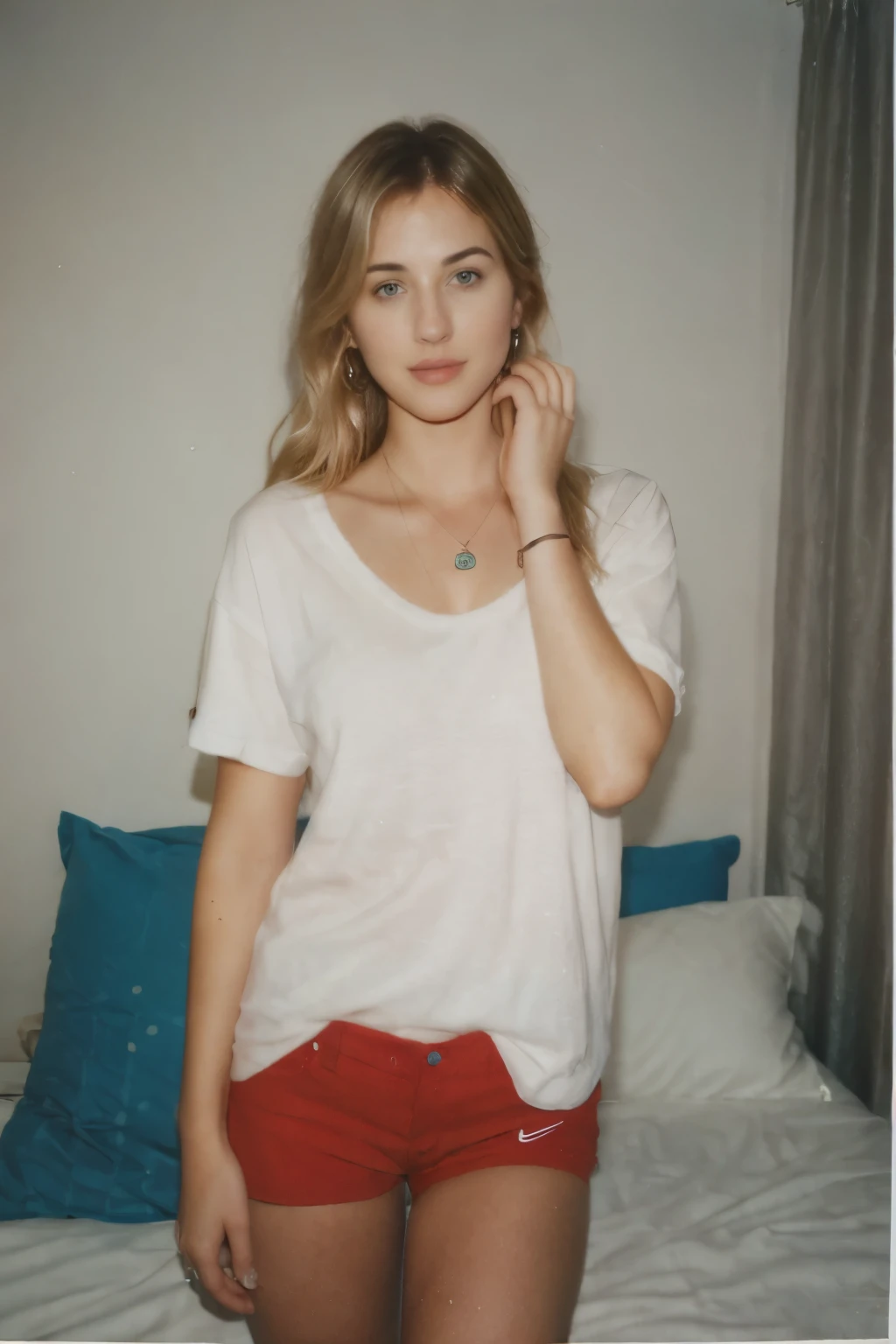  25 year old girl, (Kaley Cuoco:0.8), (Camilla Belle:0.9), (eugenie bouchard), beauty, beautiful girl, seductive smirk , in dorm room,,polaroid 600 instant camera,voyeur boudoir photography, elegant poses, hoop earrings, a wire thin necklace, wire thin bracelets, wind blown hair, shorts, oversized T-shirt,