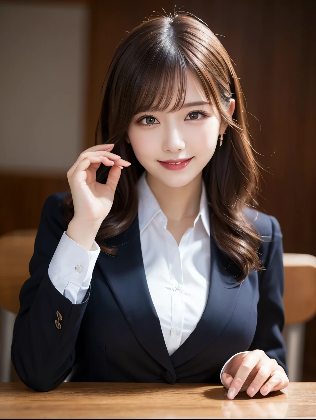 Tabletop, highest quality, figure, Super detailed, In detail, High resolution, 8k wallpaper, Perfect dynamic composition, Beautiful fine details, White Magic Academy Uniform, Natural Lip, Big Breasts, Exposing the breasts,Asymmetrical wavy hairstyle, Smiling