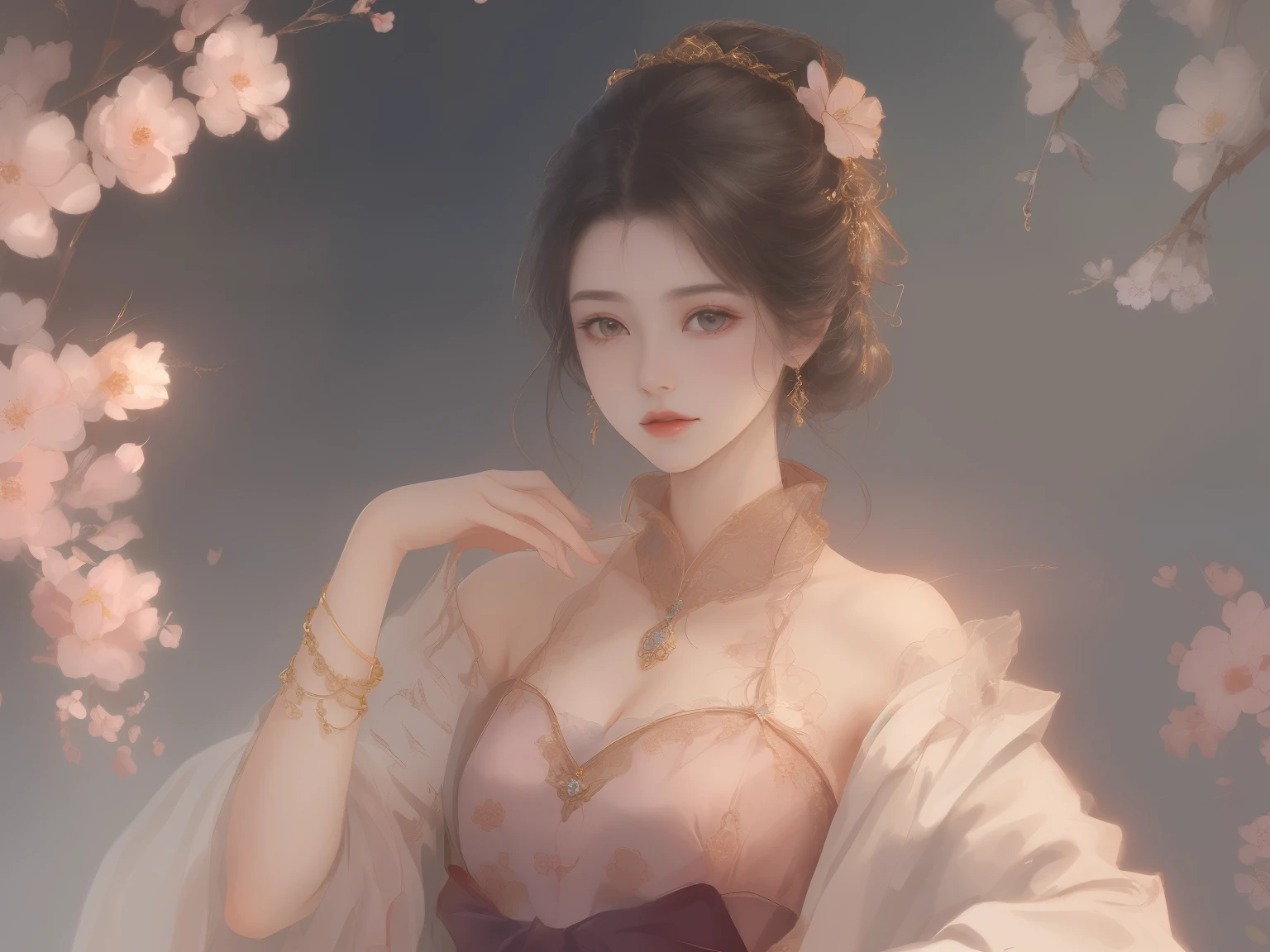 (Best quality:1.2,Masterpiece:1.2,A high resolution,1 girl,Chinese dress,Delicate hair accessories,Floral decoration,Stunning necklace,Exquisite jewelry,Gentle complexion,Detailed body,Bokeh effect,Realistic Shading,Studio lighting,twotonelighting,High-resolution skin texture:1.2,8K Ultra HD,digital camera,Soft lighting,professional render,voluminetric lighting,Sincere expression,sportrait,high resolution,4K,Blurred background)