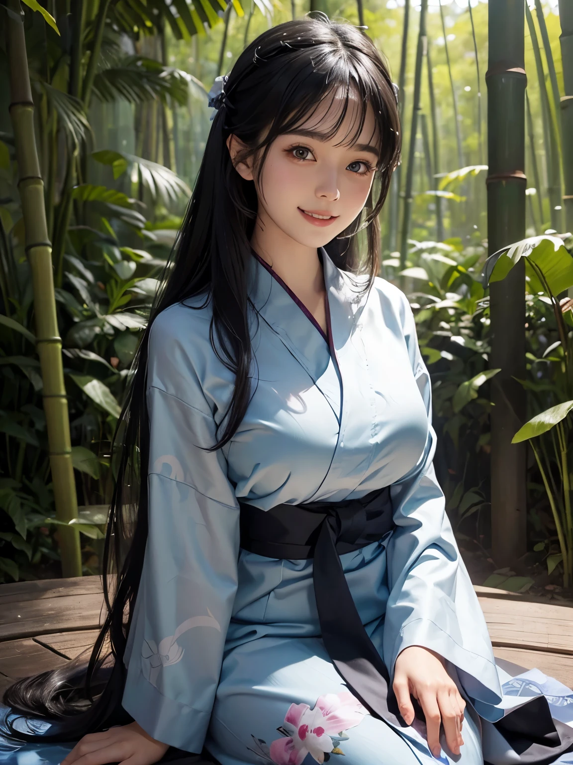 (ultra realistic) , (illustration), (increase resolution), (8K), (extremely detailed), (best illustration), (beautiful detailed eyes), (best quality), (ultra-detailed), (masterpiece), (wallpaper), (detailed face), solo,1 girl, looking at viewers, black straight hair, plump breasts, delicate details, in the dark, deep shadow, low key, pureerosfaceace_v1, happy smile, Summer Yukata, full body, bamboo forest
