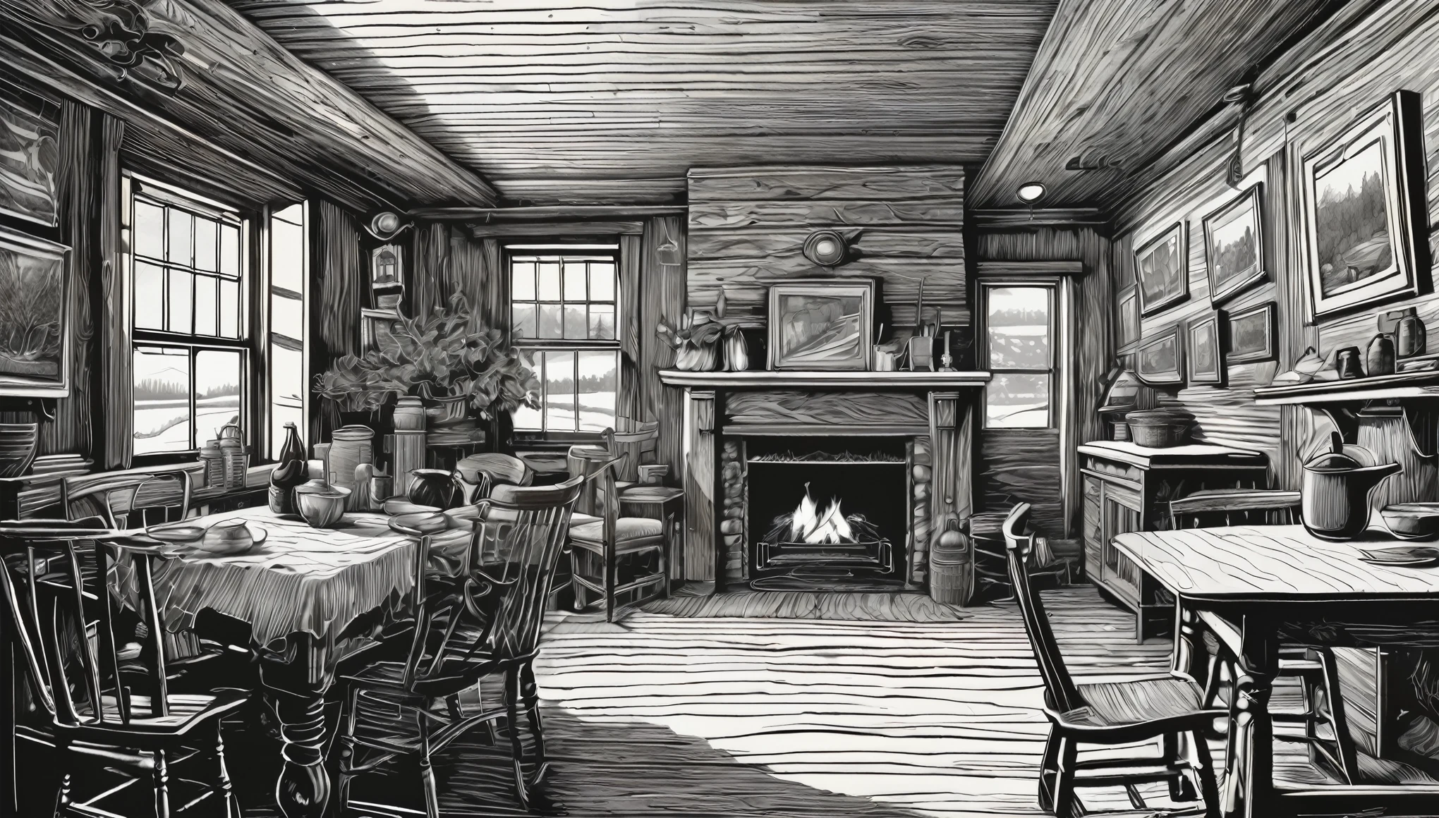 woodcut printmaking style illustration of the cozy, old-fashioned inn interior during winter. The room should feel warm and welcoming, with a lit fireplace, wooden furniture, and a window showing the snowy landscape outside. Include details like a table with tableware, a carpet, and the smell of cooking bacon in the air. The atmosphere should be rich with textures and intricate patterns, capturing the naturalistic detail typical of Audubon, the dramatic lighting of Doré, and the meticulous line work of Durer. Use black ink on white paper to bring out the depth and richness of the scene, providing a compelling background for the characters.