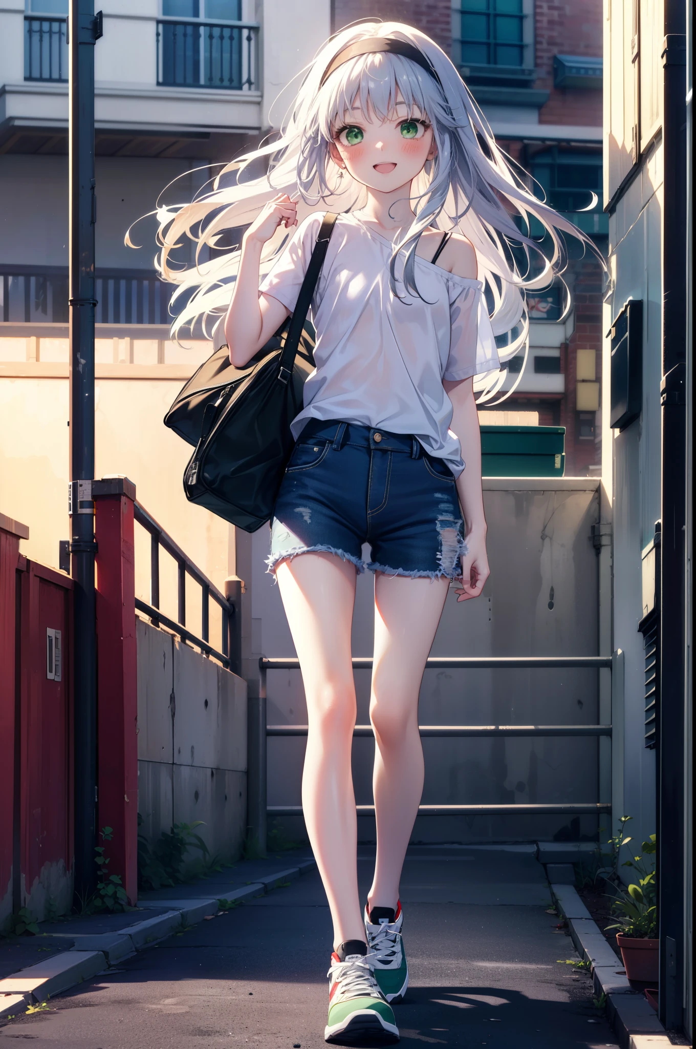 index, index, (Green Eyes:1.5), Silver Hair, Long Hair, (Flat Chest:1.2),happy smile, smile, Open your mouth,blush,hair band,Cordo shoulder top,Short sleeve,Shorts,Black tights,High-top sneakers,Daytime,Clear skies,whole bodyがイラストに入るように,Walking,
break looking at viewer, whole body,
break outdoors, In town,Building district,
break (masterpiece:1.2), highest quality, High resolution, unity 8k wallpaper, (figure:0.8), (Beautiful fine details:1.6), Highly detailed face, Perfect lighting, Highly detailed CG, (Perfect hands, Perfect Anatomy),