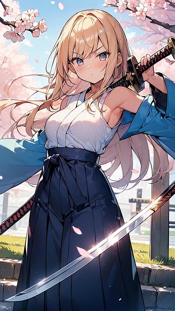 (Masterpiece, Top quality: 1.5) , (holding a katana sword:1.3),  dynamic pose, 1 beautiful girl, solo, blond hair,  (blue hakama :1.3), off shoulder, long hair, wave hair, (junior high school student:1.2), medium breasts, standard weight, (angry), blush:1.2, Beautiful scene of cherry blossom trees, magnificent panorama view, SakuraFubuki:1.2