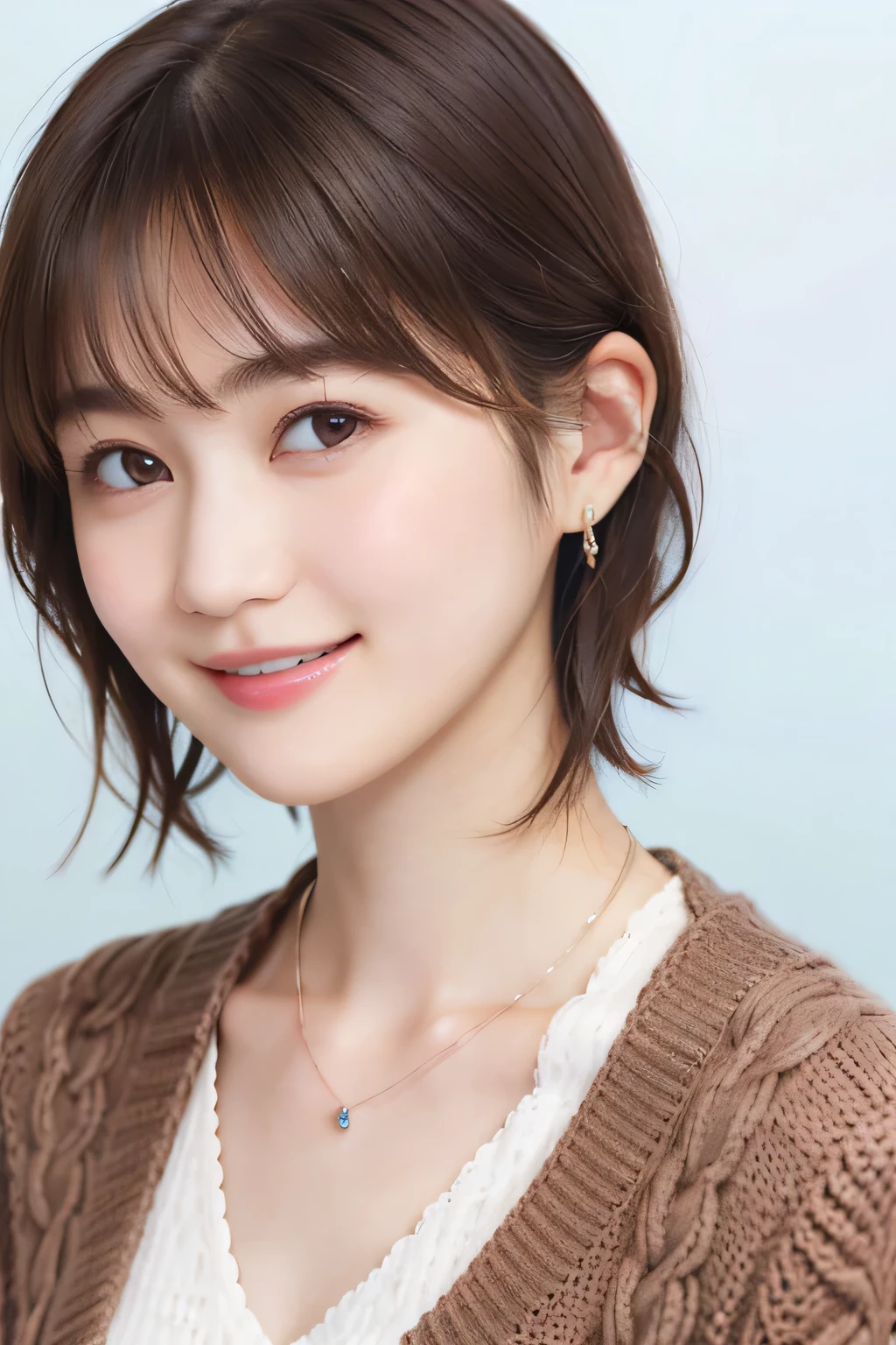 205 ((short hair)), 20-year-old female, In underwear、Put on a cardigan、 A refreshing smile、Open your mouth、Beautiful teeth alignment、Brown Hair、ear piercing、Necklace around the neck、
