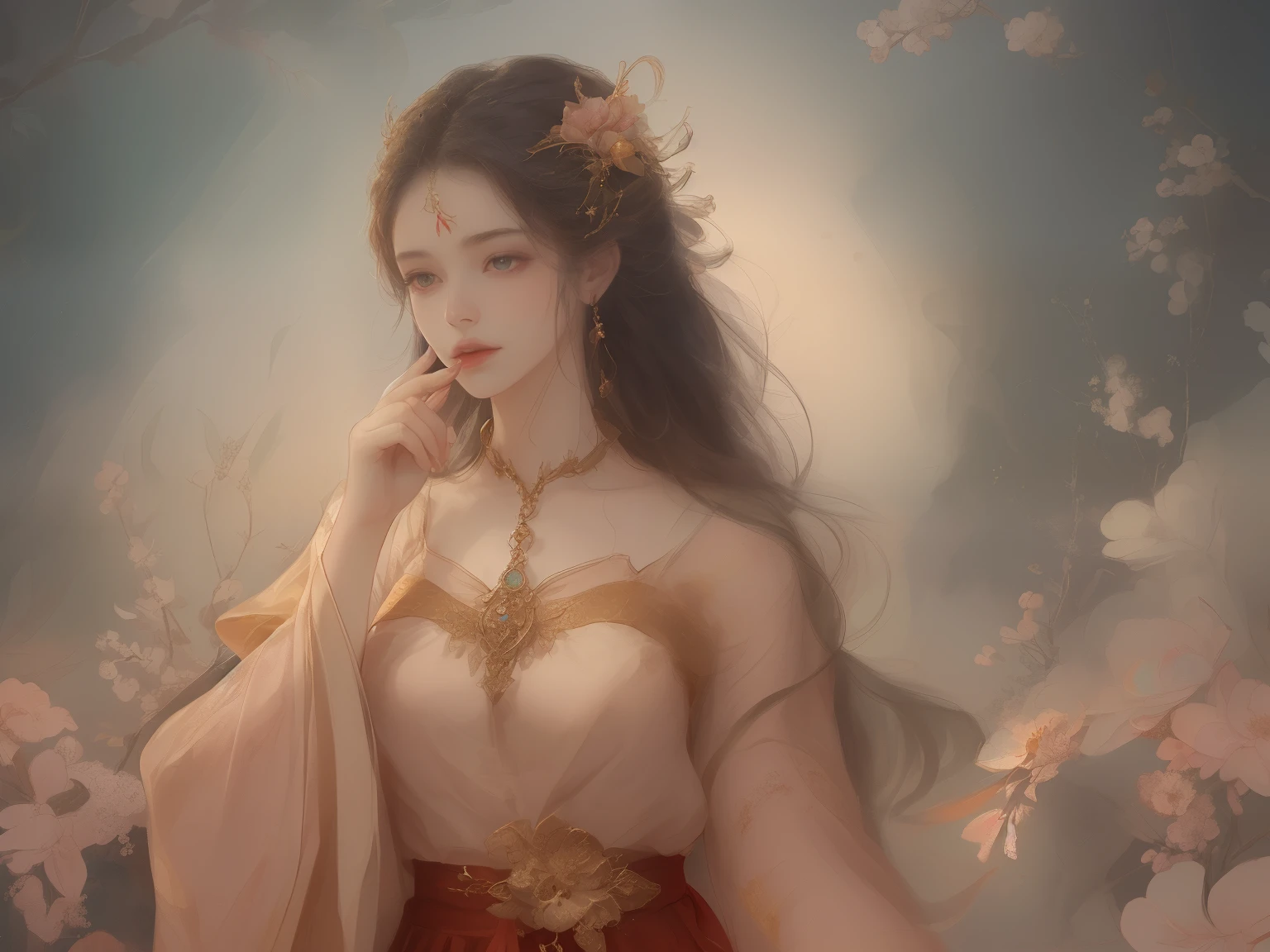 (Best quality:1.2,Masterpiece:1.2,A high resolution,1 girl,Chinese dress,Delicate hair accessories,Floral decoration,Stunning necklace,Exquisite jewelry,Gentle complexion,Detailed body,Bokeh effect,Realistic Shading,Studio lighting,twotonelighting,High-resolution skin texture:1.2,8K Ultra HD,digital camera,Soft lighting,professional render,voluminetric lighting,Sincere expression,sportrait,high resolution,4K,Blurred background), red clothes