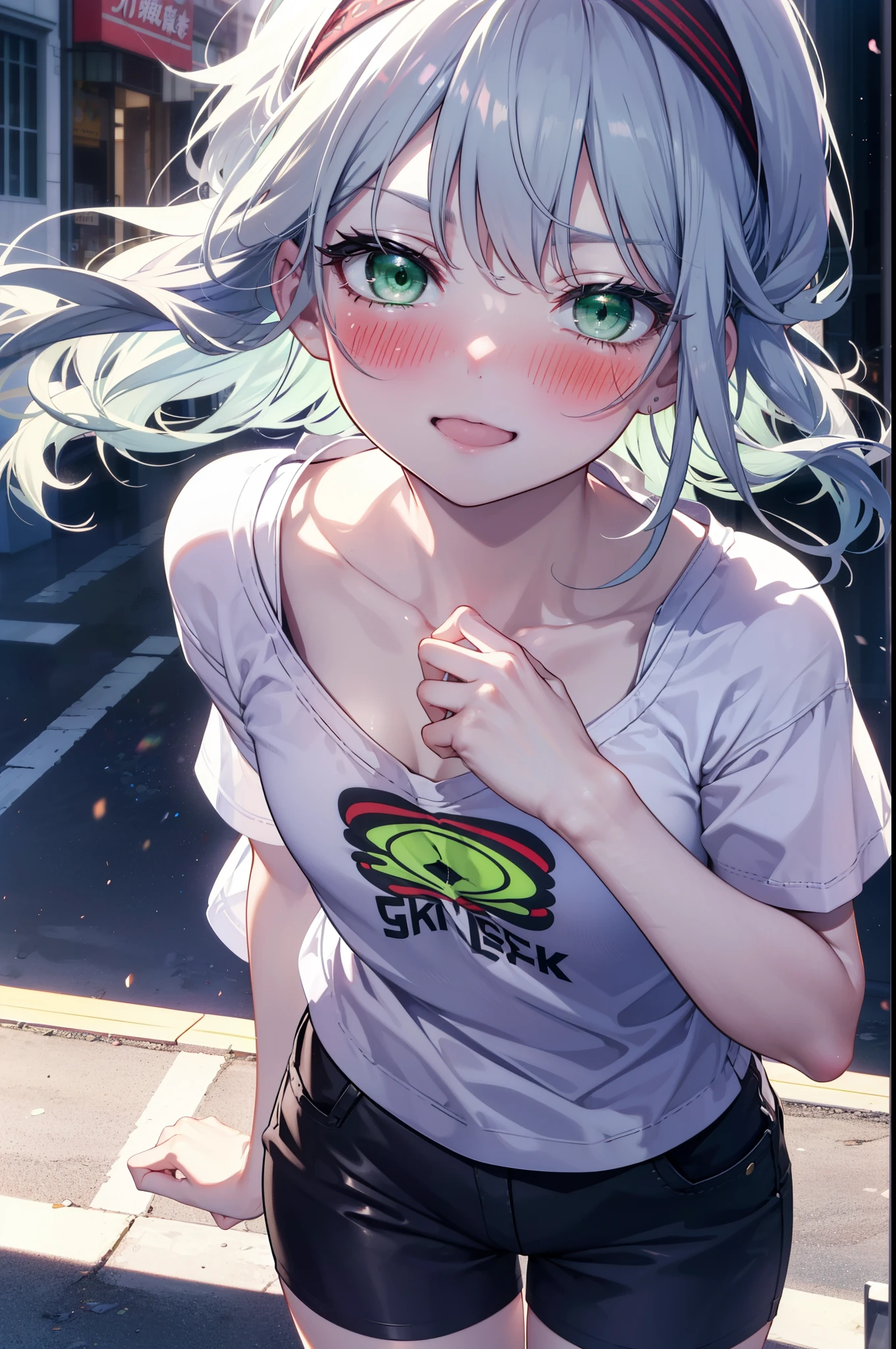 index, index, (Green Eyes:1.5), Silver Hair, Long Hair, (Flat Chest:1.2),happy smile, smile, Open your mouth,blush,hair band,Cordo shoulder top,Short sleeve,Shorts,Black tights,High-top sneakers,Daytime,Clear skies,whole bodyがイラストに入るように,Walking,
break looking at viewer, whole body,
break outdoors, In town,Building district,
break (masterpiece:1.2), highest quality, High resolution, unity 8k wallpaper, (figure:0.8), (Beautiful fine details:1.6), Highly detailed face, Perfect lighting, Highly detailed CG, (Perfect hands, Perfect Anatomy),