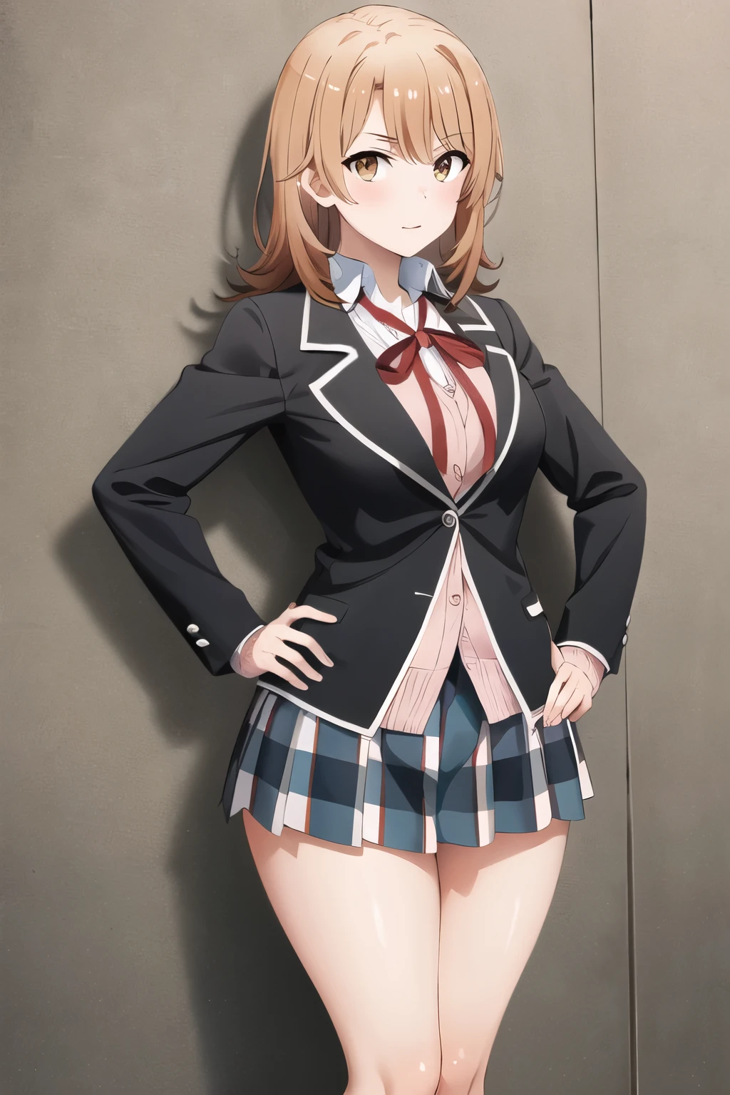 masterpiece, highest quality, High resolution, aairoha, Medium Hair, neck ribbon, collared shirt, blazer, Black jacket, open jacket, long sleeves, Checked skirt, hand on hip, street, Are standing, Smaller head, Wide pelvis, Thick thighs, (Large Breasts),