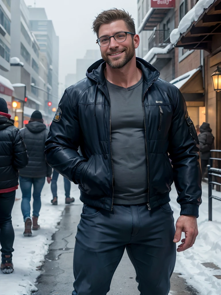 Award-winning original photo,(2 people),Men,, Wild muscle man, (40-year-old father:1.1), beard, Burly,Macho, blue eyes, Jacket,Big bulge,Excellent J8, Smiling happily, One of the men wearing glasses, standing on a snow city streets, Cold atmosphere, snow, Embrace, detailed, charming, Close-up of face,Perfect hand details