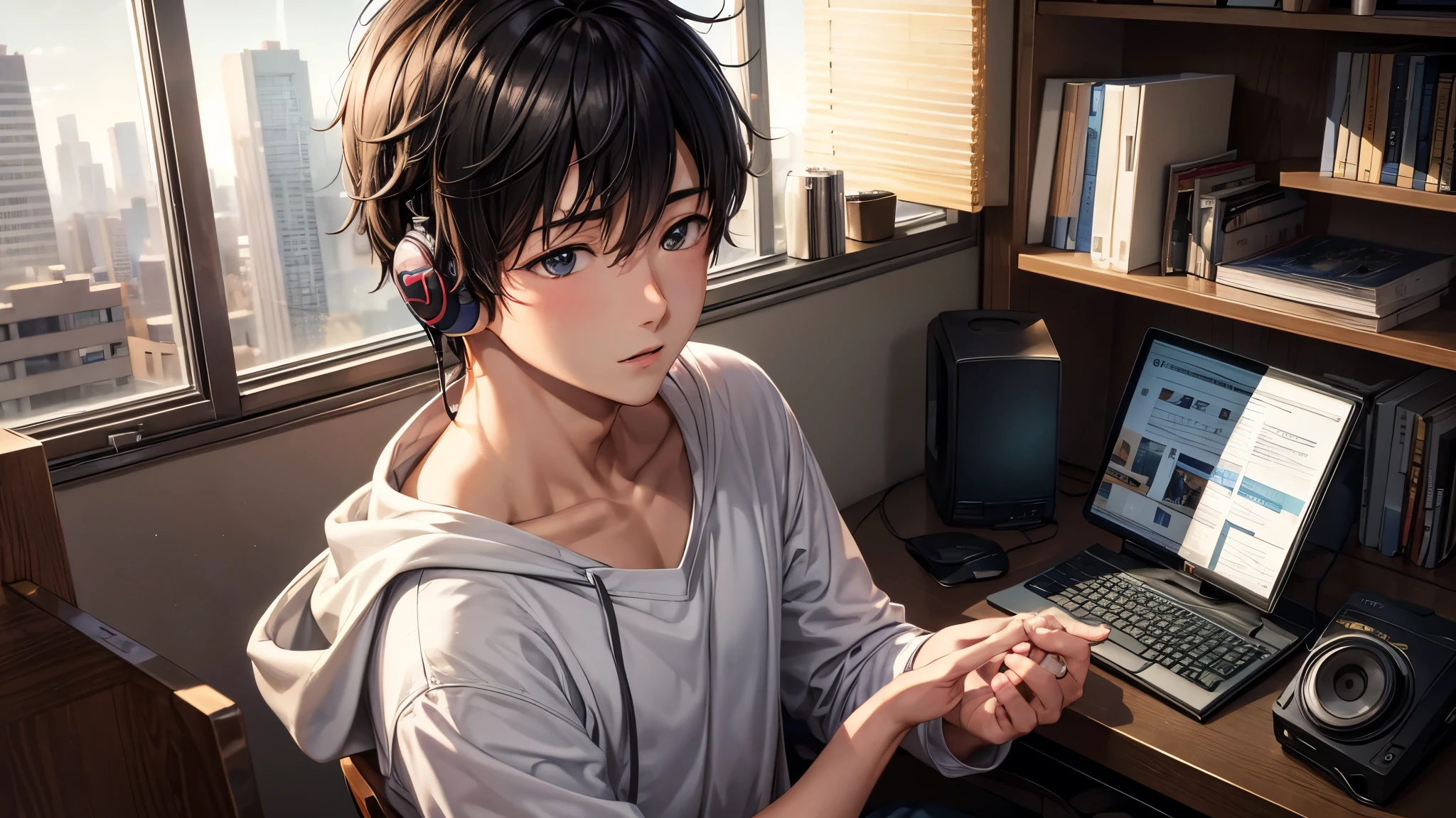 Ultra HD、8k、masterpiece、A handsome high school student studying in his room while listening to music with headphones、One boy、clavicle, RAW Photo、Warm lighting、Beautiful urban landscape、Japanese anime style、