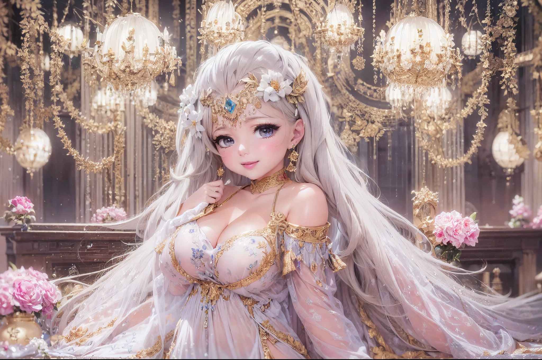 Mature Woman, Looking at the audience, Attractive breasts,Sensual curves、bubble、Full Body Shot,Nightgown, Charming smile, Thick lips, plump唇, blush, Looking at the audience, Provocative expression, Beautiful Hairstyles, Cleavage, plump、Curvy Hips、Attractive face、Mischievous face、Sexy Lingerie、An inviting gaze、Expressing emotions、colored feather, Money属装飾品, particle, Light, (masterpiece, highest quality, highest quality, Official Art, beautifully、aesthetic:1.2), (1 girl:1.3), Very detailed,(Fractal Art:1.1),(colorful:1.1)(flowerズ:1.3),Most detailed, (Dynamic pose), (Shiny skin), (Many colors :1.4), ,(Earrings:1.4), (feather:1.4),masterpiece,Mr.々Hair style,Moneyのヘッドバンド,Tulle covers the chest,Perfect balance, Detailed details of the garment,marble,cinematicLighting, Film Grain, contrast of Light and dark,High detail,(((Gorgeous Accessories))))、Openwork decoration,(((See-through dress)))、(((Anatomically correct body))) ,1 girl, (High resolution), (8k), (Very detailed), Perfect Face, Beautiful eyes and face, (((highest quality))), (Very detailed), Detailed face and eyes, Beautiful Eyes,(((Sexy pose))),Beautiful Eyes、Transparent double eyelids、(((Super gorgeous background)))、Bright Eyes,Money,diamond,gem,Body Chain,Luxury Accessories,beautifully、aesthetic,flower、(((Super gorgeous background)))、Bright Eyes