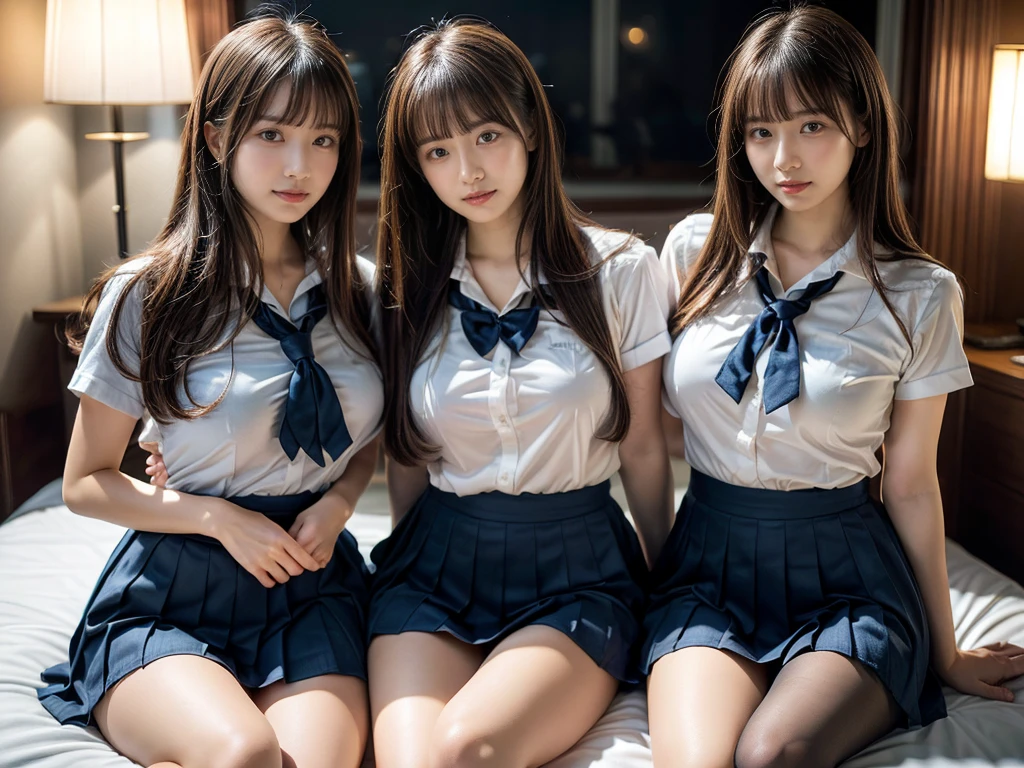 (RAW photo, 4k, masterpiece, high resolution, extremely complex) (realistic: 1.4), cinematic lighting
 ((2 girls, 2 schoolgirls)),Slam Dunk's,blushing,((innocent)),(Dark makeup),bright eyes,round eyes,blunt bangs,(straight hair:1.3),black hair,large breasts,wide hips,Summer Noon, 20 year old girl、cute type、ta,Hot, (Best Quality), (Highres), (an Extremely Delicate and Beautiful),(Beautiful 8k face),(Brown eyes),short bob hair,( spectators),(gigantic breasts),(Play with each other,Touching each other's bodies,Touching the body),(Japanese high school uniform:1.3),(white shirt open chest), blue skirt,(reality),bright lighting,(The background is a luxury hotel room)