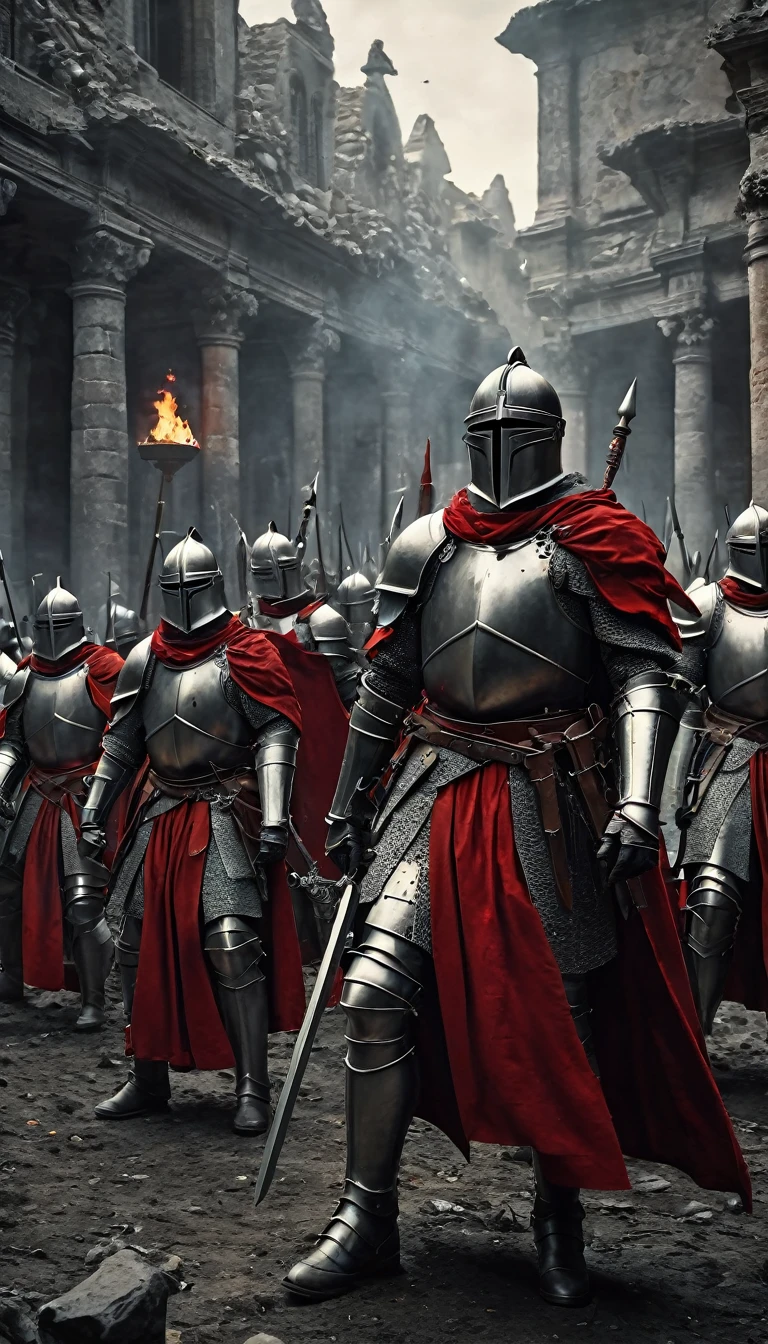 a group of knights donned in full armor and adorned with striking red capes finds themselves in the midst of a dramatic battle. Armed with powerful maschinengewehr weapons, these valiant templars face off against a horde of possessed politicians, locked in a fierce struggle for supremacy and control,
digital UHD (k) image, cinematic film still dramatic side lighting, dramatic intense stare closeup portrait,  hdr,  shallow depth of field, vignette, highly detailed, high budget Hollywood film, cinemascope, moody, epic, gorgeous
, Highly detailed and clean, Photorealistic and cinematic masterpiece, professional photography, realistic, realism, 200k , Raytracing and light effect , digital, perfect composition, beautiful detailed intricate insanely detailed octane render trending on artstation, 8 k artistic photography, photorealistic concept art, soft natural volumetric cinematic perfect light, award - winning photograph, masterpiece, raphael, caravaggio, greg rutkowski, beeple, beksinski, giger