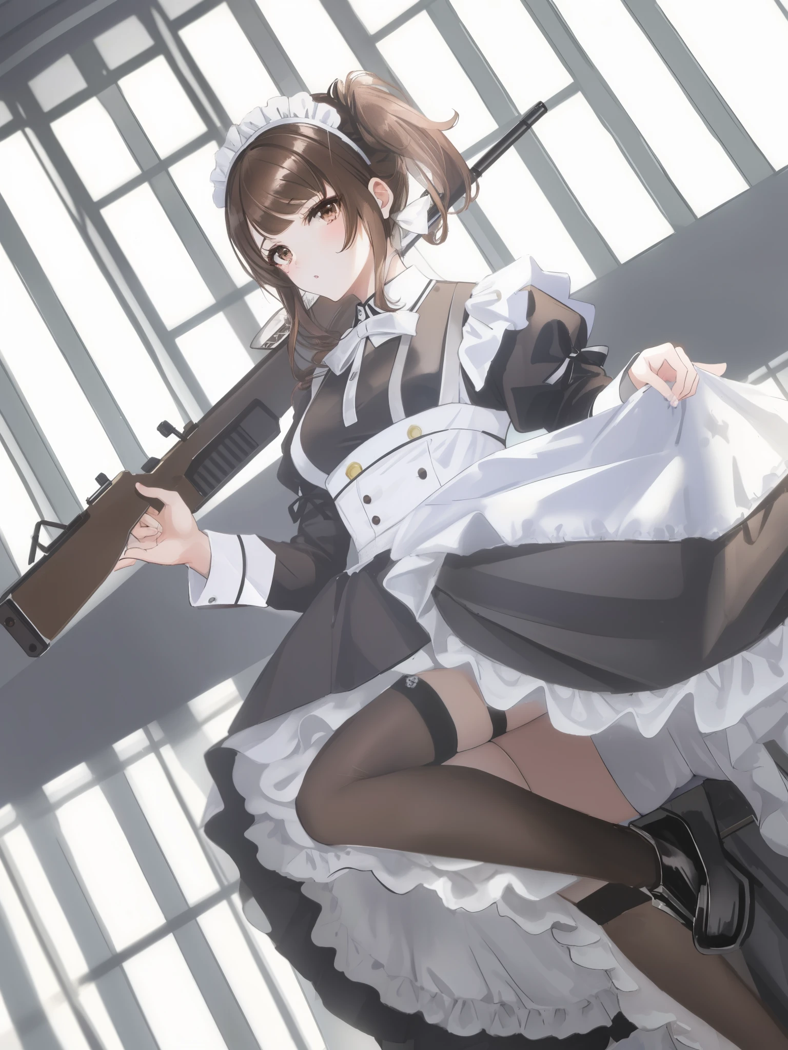 (brown hair swept bangs:1.3), araffe dressed in a maid outfit holding a rifle and posing for a picture, anime girl cosplay, gorgeous maid, anime girl in a maid costume, cosplay of a catboy! maid! dress, cosplay, anime cosplay, cosplay photo, ayaka cosplay, maid outfit, mayuri shiina from steins gate, maid dress, professional cosplay, maid
