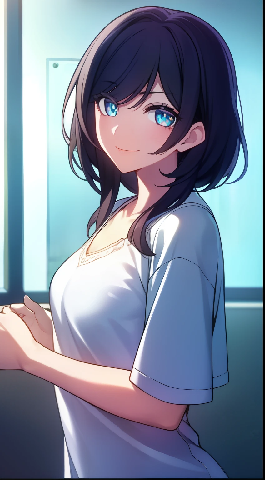 1female, medium hair, small breast, black hair, cyan eyes, casual, smiling, standing, visual novel cg style, BREAK looking at viewer, BREAK (masterpiece:1.2), best quality, high resolution, unity 8k wallpaper, (illustration:0.8), (beautiful detailed eyes:1.6), extremely detailed face, perfect lighting, extremely detailed CG, (perfect hands, perfect anatomy)