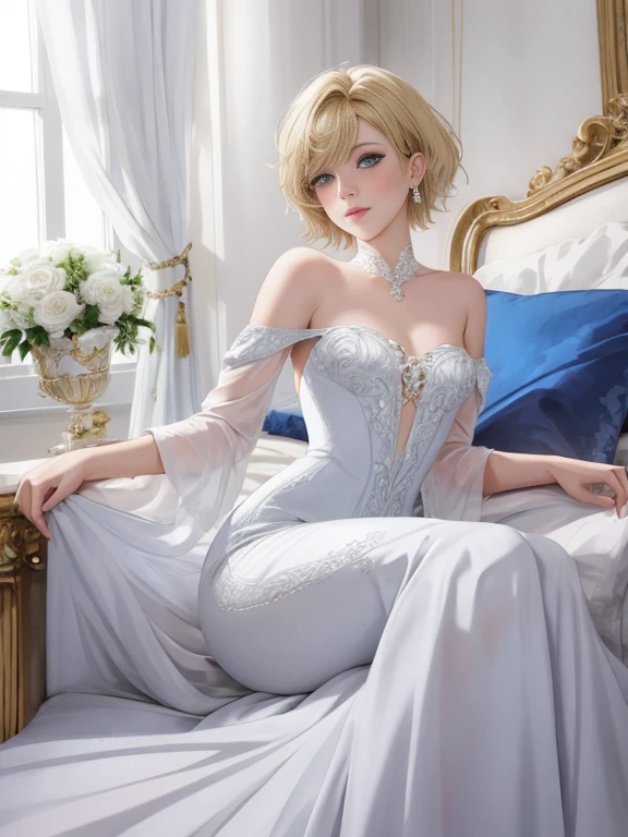1girl, crossdressing, anime, beauty, small breasts, short hair, blonde hair, blue eyes, woman wedding mermaid dress, long dress, white dress, off shoulder, bedroom, sexy pose, happy blush, looking at viewer,