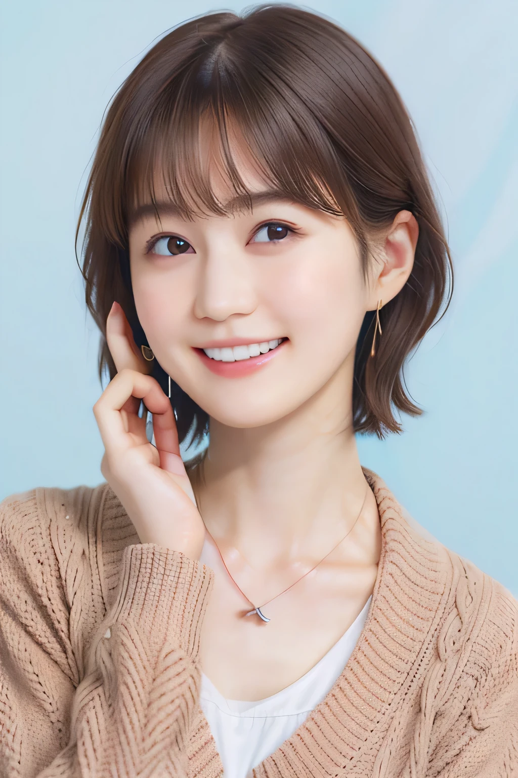205 ((short hair)), 20-year-old female, In underwear、Put on a cardigan、 A refreshing smile、Open your mouth、Beautiful teeth alignment、Brown Hair、ear piercing、Necklace around the neck、