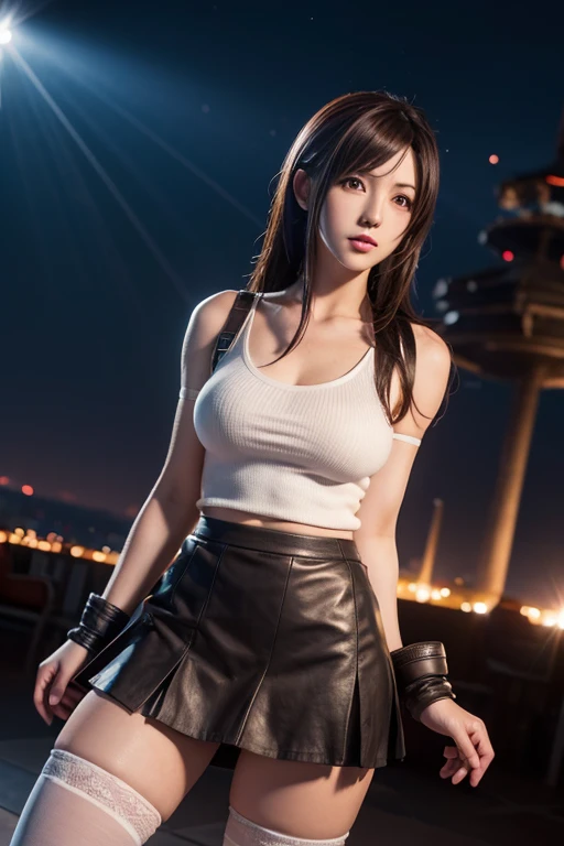 tifa lockhart, wallpaper, landscape, depth of field, night, light particles, light rays, side lighting, thighs, skirt, red eyes, brown hair, thigh high socks, arm sleeves
