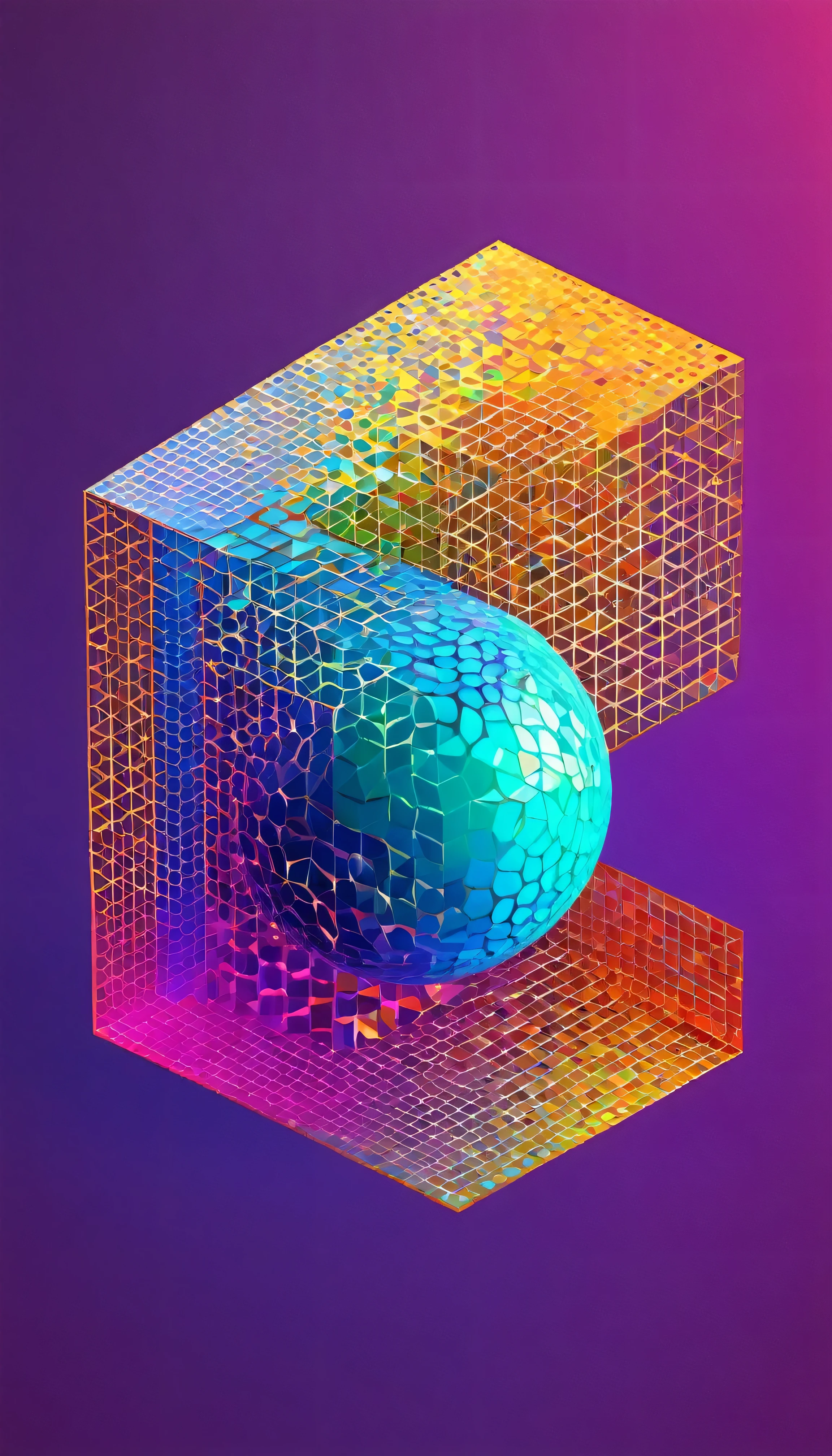 Abstract 3D shapes in holographic style, vibrant colors, arranged in a composition adhering to the golden ratio, background design, ultra realistic, digital painting