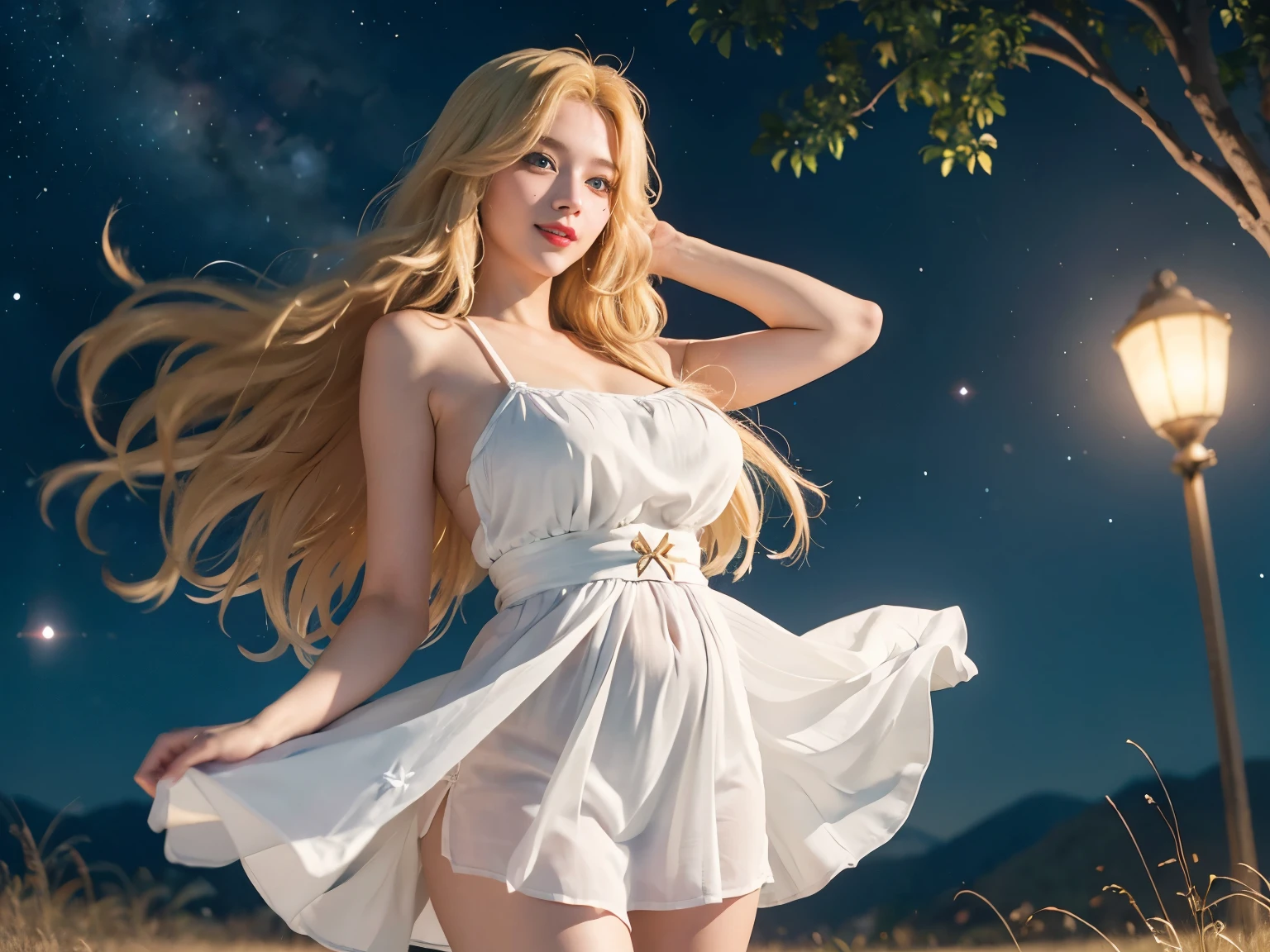 1girl, (Blue Eyes), (smiling :1.2), (Sana Minatozaki), (beautiful makeup :1.2), wide hips, Big tits, big ass, (thin waist: 1.2), (thick and toned thighs), (Best Quality, 8k, Masterpiece: 1.3), Clear Focus: 1.2, Perfect Body Beauty: 1.4, strong abs, Highly detailed face and skin texture, detailed eyes, double eyelids, red lips, (blonde long hair :1.2), (wearing a white sundress :1.3), standing, dynamic pose, (in an open field at night :1.2), (starry night sky :1.2)