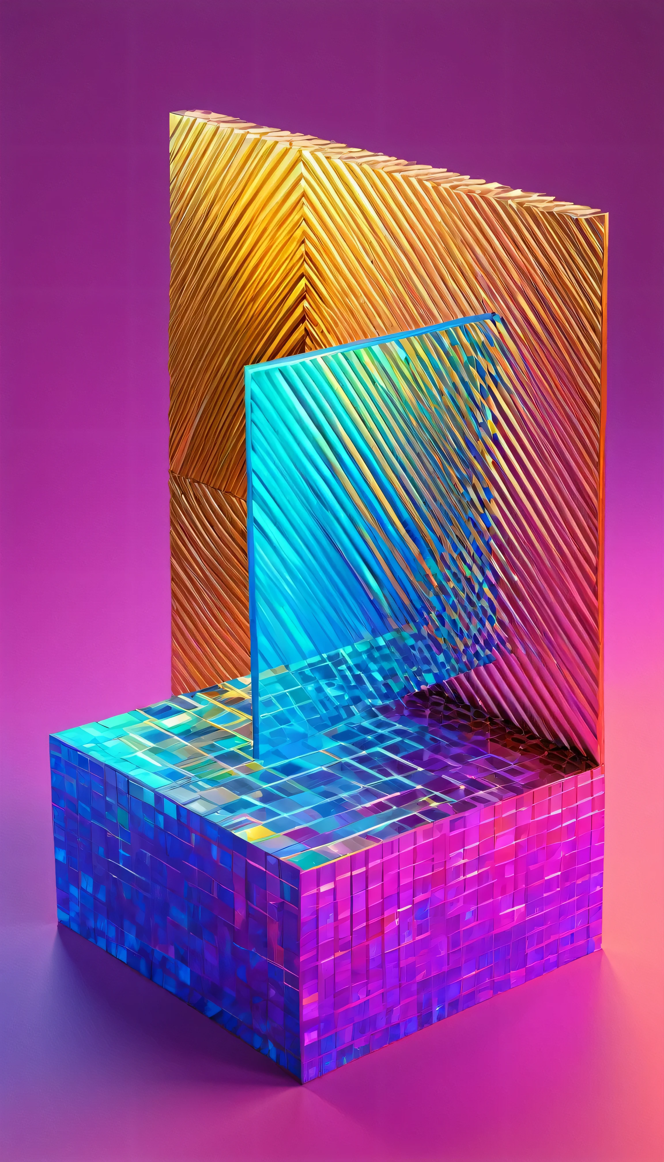 Abstract 3D shapes in holographic style, vibrant colors, arranged in a composition adhering to the golden ratio, background design, ultra realistic, digital painting
