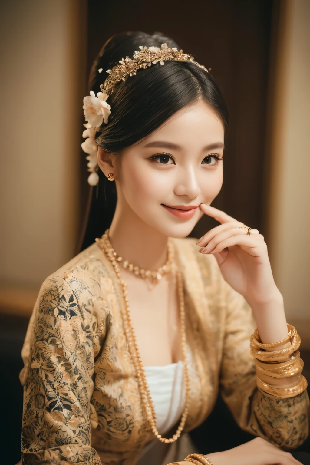 (best quality,4k,8k,highres,masterpiece:1.2),ultra-detailed,(realistic,photorealistic,photo-realistic:1.37),portrait,stunning Burmese patterned traditional dress lady,beautifully adorned,eye-catching brocade patterns,rich and vibrant colors,detailed embroidery work,exquisite textures,meticulously handcrafted dress,vividly captures the essence of Burmese culture,traditional floral motifs,graceful silhouette,fine folds and pleats,accentuates the lady's elegance,black single bun hair with flower,intricately arranged hairpiece,delicate and feminine,adds a touch of sophistication,soft yet confident expression,deep and captivating eyes,lustrous lips with a hint of a smile,flawless complexion,golden accessories,polished and refined,mesmerizing presence,subtle lighting,dramatic shadows,showcases the lady's grace and beauty,immersive visual experience