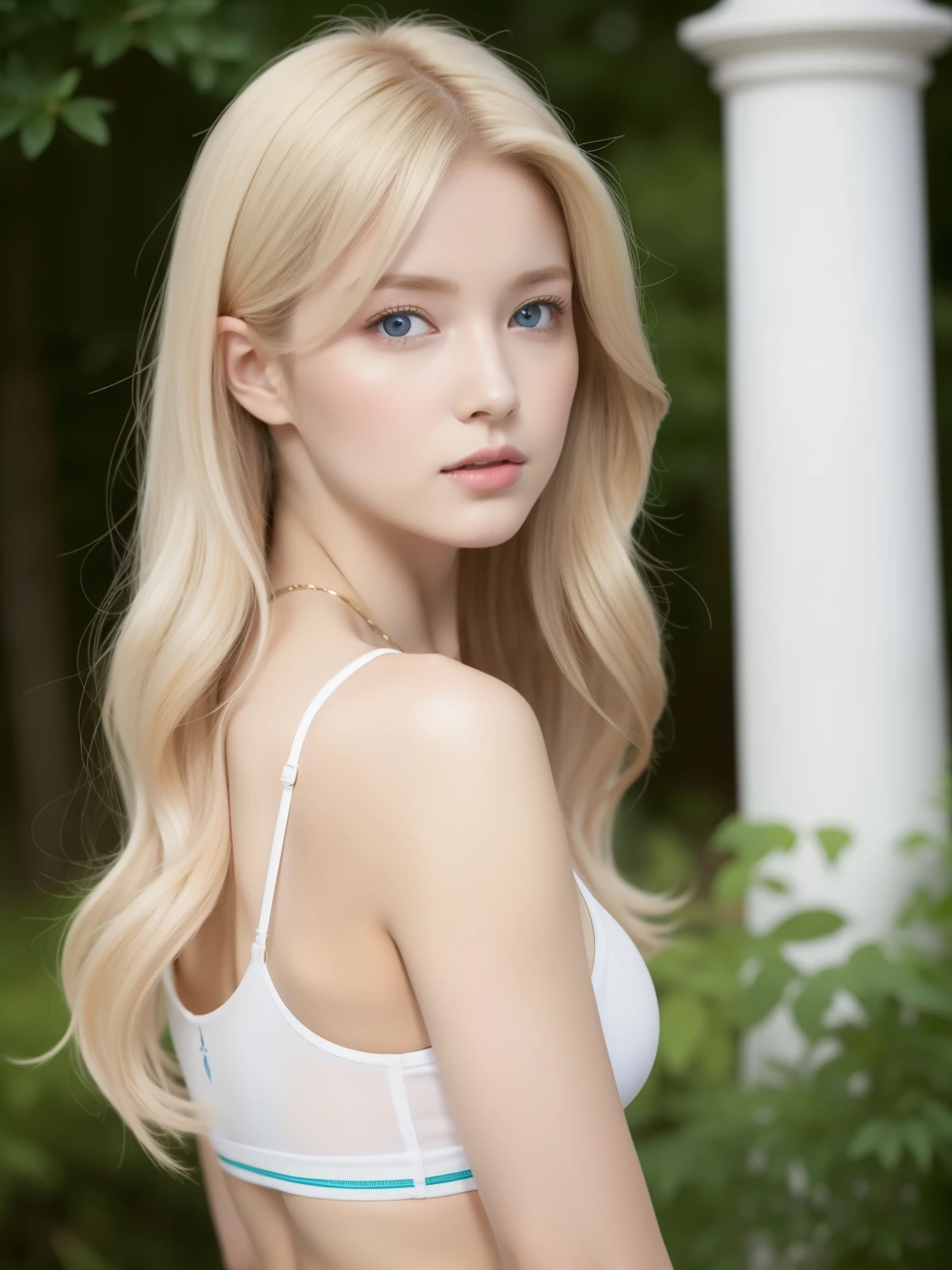 幻想的な空間に佇むbeautiful女性, Micro bikini in white and gold, 98k, {{masterpiece}}, highest quality, expensive quality:1.4), {{[[Front view}}, eye_touch,Multiple photo poses)]], Very cute face, and very pretty eyes, Cute Images, Cute Images, {{Half Body}}, {{{{{{{{Long legs}}}}}}}}, {{{{Slim and sexy body}}}}, {{{{{{背のexpensive女性}}}}}}, {{Height: 177cm}}, alone, beautiful, Lovely, Adorable, Pale skin, {{18〜22 year old German woman}}, look beautiful German girl and blue eyes or green eyes with platinum blonde hair color), Scandinavian German girl, {{{{{{{{{{Half Girl}}}}}}}}}}, {{{{{{{{{{expensive_Heel}}}}}}}}}},Big Breasts