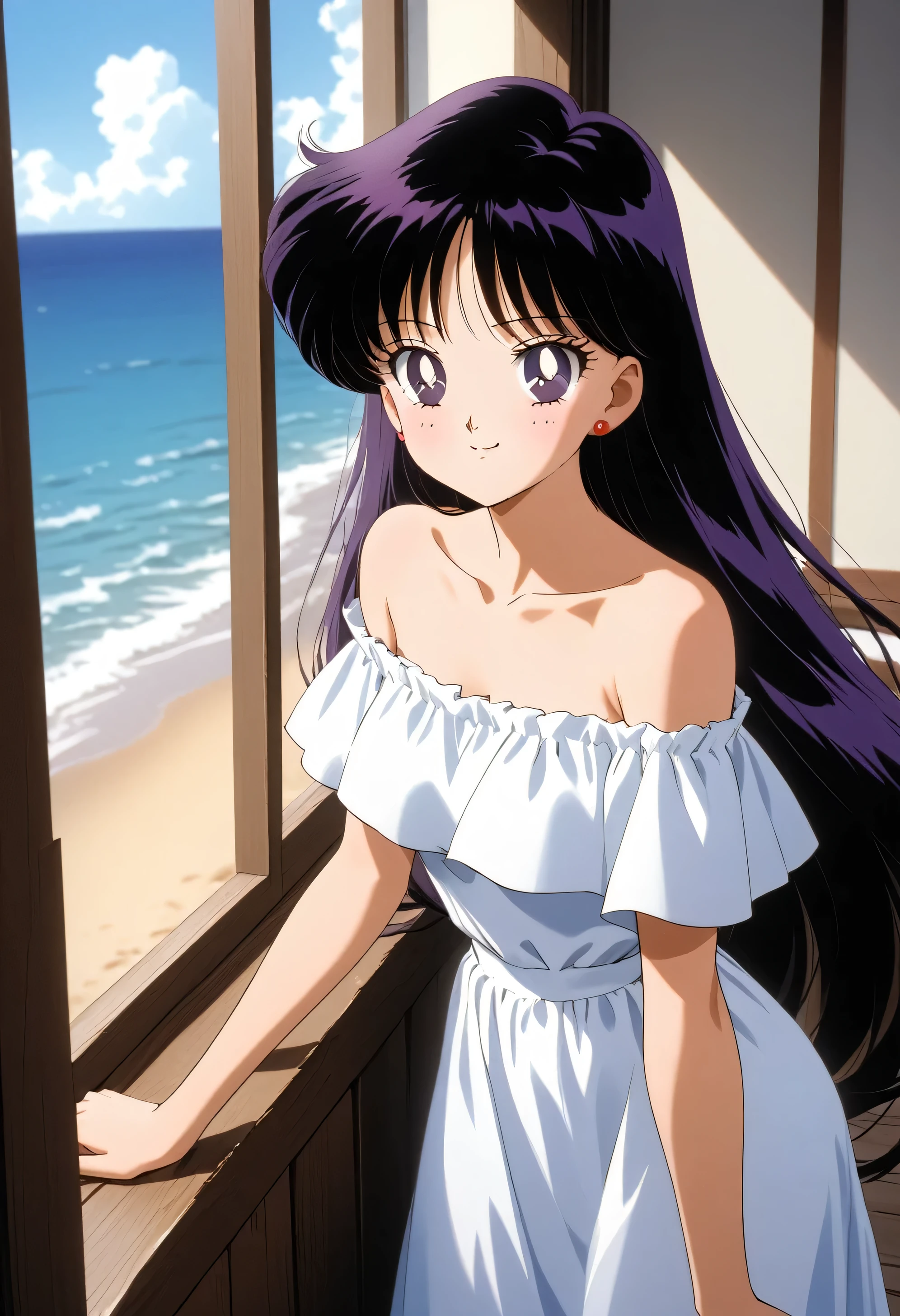 aamars, very long hair, black hair, parted bangs, purple eyes, 1990s \(style\), 1 girl, solo, Best quality, masterpiece, High Definition, Good hands at sides, Smile, Blushing, Bare Neck, Bare Arms, Bare Shoulders, short sleeve, Strapless, White Ruffle Off-the-Shoulder Top, White Off-the-shoulder Dress, White maxi dress, standing at the edge of the windowsill, The windowsill has an arched top and is divided into panes, with one side partially open, revealing a view of ocean and the beach view.