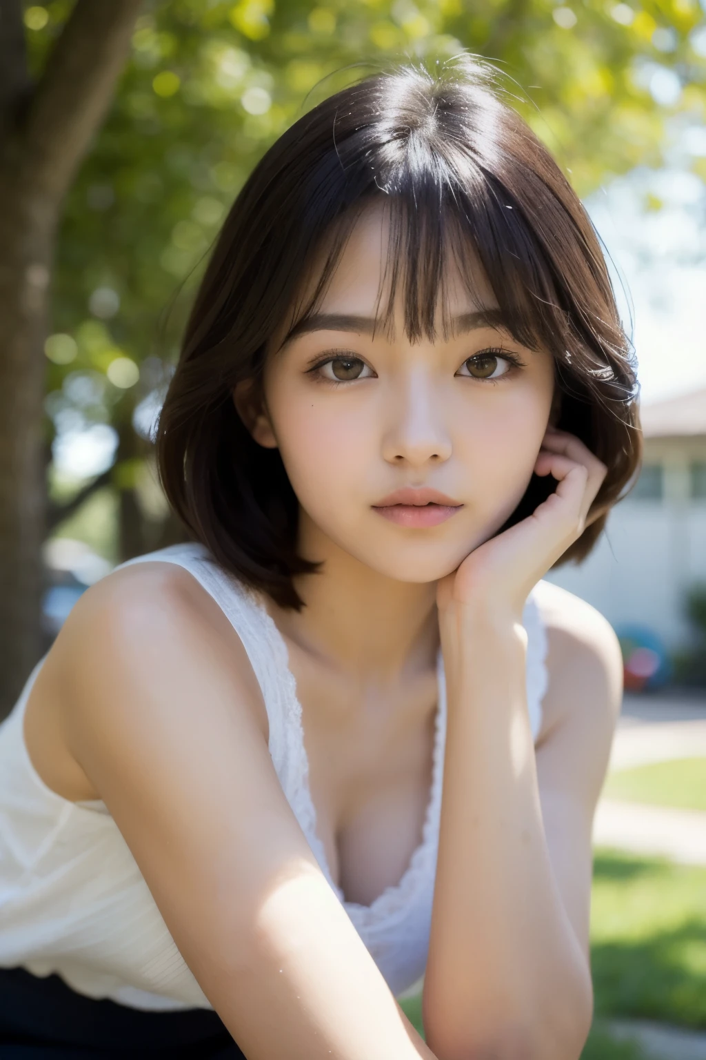 (masterpiece, highest quality, Raw photo, 8k), beautiful girl, Sunlight filtering through the trees, (Natural light), beautiful girl,
White spring clothes, ( skirt, Delicate lace), beautiful girl, Cute face, (Beautiful Eyes, Eye light, Delicate face, Thin eyebrows)、 light makeup, Light makeup, (Thin eyebrows, Light eyebrow color, The light hits my cheek), (17 years old), short hair, bangs, (The wind is blowing), delicate, beautiful girl, (Glossy cheeks, closed lips, Pure), Turf, knees