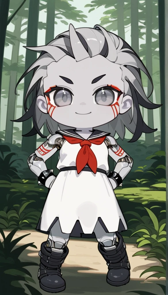 score_9, score_8_up, source_anime, masterpiece, best quality, BREAK 1girl, chibi, grey metallic skin, smile, white dress, grey long spiked metallic hair, grey eyes, black boots, black wristband, red neckerchief, absurdres