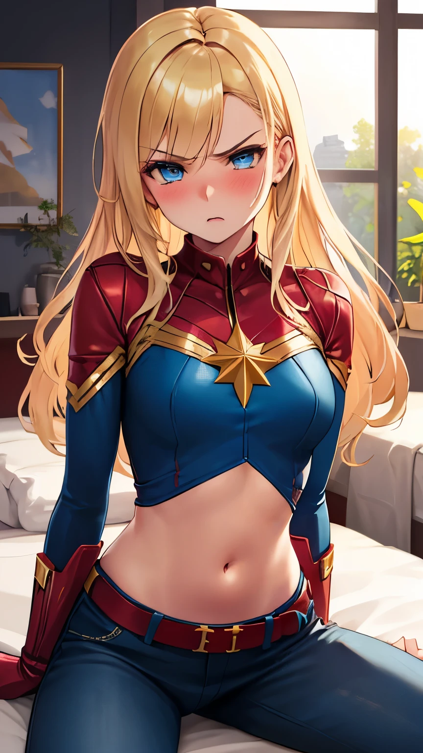 Angry, solo, 1 woman, gold hair, long hair, blue eyes, cptMarvel, Cropped top 1.4, pants 1.4, sleeves, cover breast, small breast, red gloves, belt, shiny clothes, girl grabbing veiwer, navel, mature women, blush, girl Laying on bed,
(insanely detailed, beautiful detailed face, beautiful detailed eyes, masterpiece, best quality), solo, 1boy, pov, missionary, girl sitting on pov laps, girl sitting on boy laps, cowgirl pose, pov grab girl Waist,
 