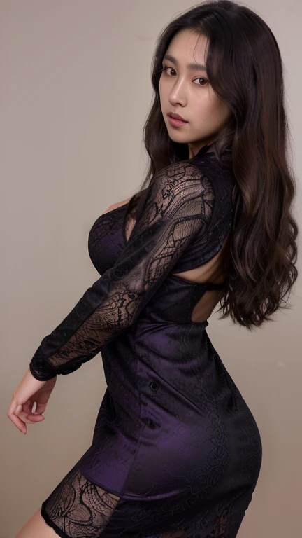 Masterpiece ,ultra detailed ,8k resolution ,relistic ,solo, beautiful Asian woman, long curly black-brown hair, facing the side, face looking at the viewer, wearing a tight purple dress, dress open, black lacy CD visible, medium breasts.