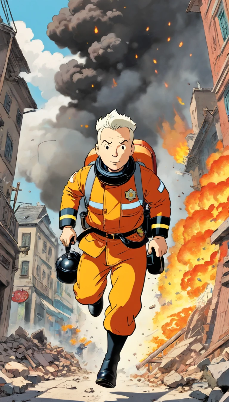 Tintin, 50 years old male wearing black fire fighter suits, slick and neat short grey hair, herge, european comics, running fast forward camera from big building explosion, action movie scene background