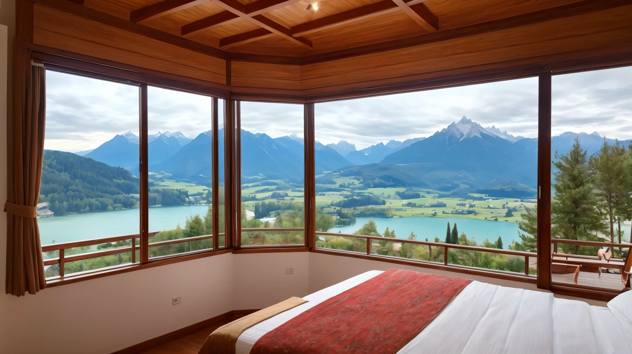 (((masterpiece,highest quality,4K))), Luxury hotel balcony、Magnificent lake view from the room、The Alps in the distance々、The morning sun is shining、Large windows