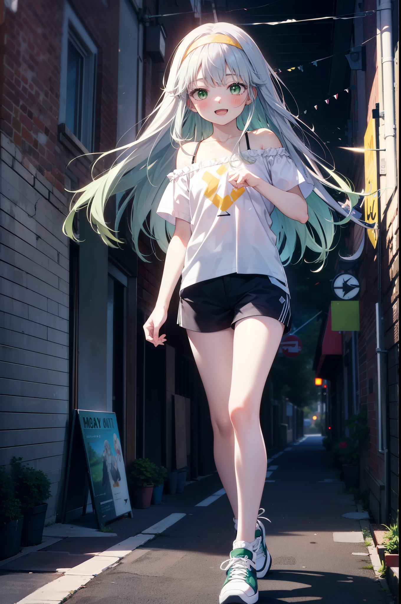 index, index, (Green Eyes:1.5), Silver Hair, Long Hair, (Flat :1.2),happy smile, smile, Open your mouth,blush,hair band,Cordo shoulder top,Short sleeve,Shorts,Black tights,High-top sneakers,Daytime,Clear skies,whole bodyがイラストに入るように,Walking,
break looking at viewer, whole body,
break outdoors, In town,Building district,
break (masterpiece:1.2), highest quality, High resolution, unity 8k wallpaper, (figure:0.8), (Beautiful fine details:1.6), Highly detailed face, Perfect lighting, Highly detailed CG, (Perfect hands, Perfect ),