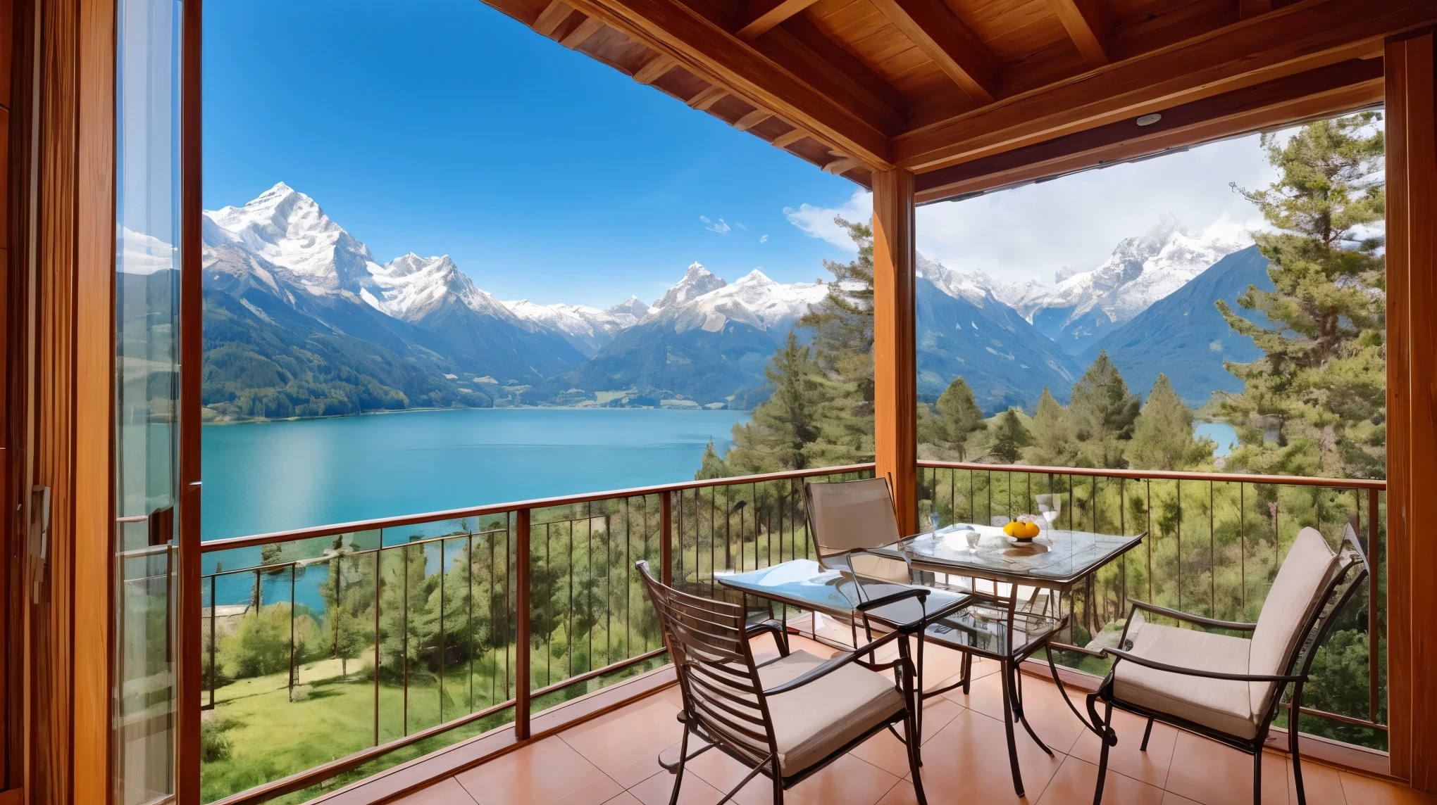 (((masterpiece,highest quality,4K))), Luxury hotel balcony、Magnificent lake view from the room、The Alps in the distance々、The morning sun is shining、Large windows
