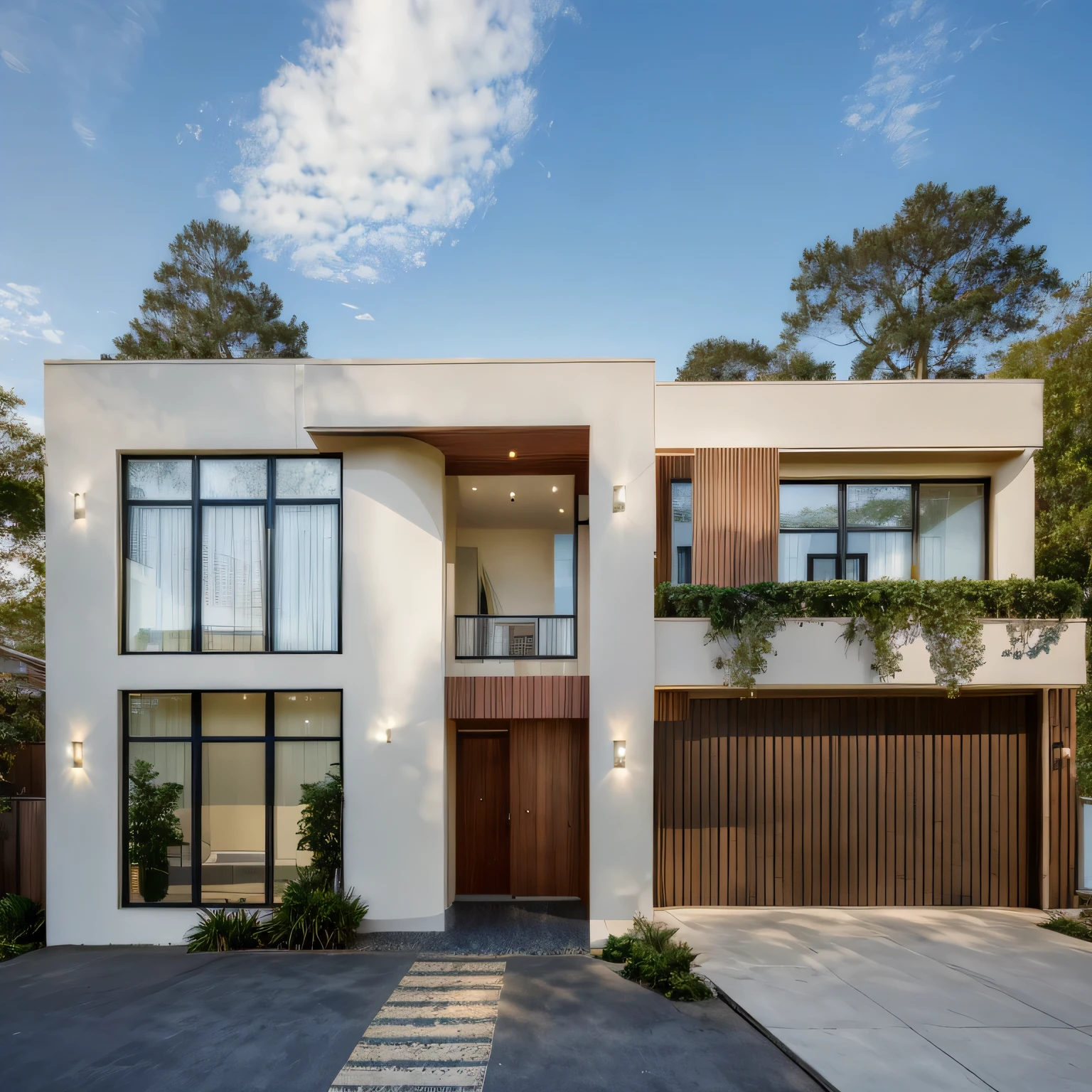 Exterior of house, mable decorations, (canopy in front of house:1.4), (a road in front of house:1.3), tree, sky, cloud, morning weather.