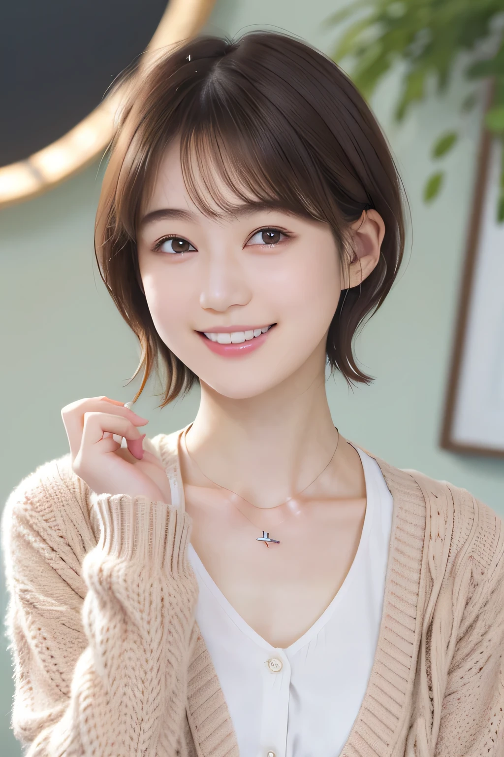 205 ((short hair)), 20-year-old female, In underwear、Put on a cardigan、 A refreshing smile、Open your mouth、Beautiful teeth alignment、Brown Hair、ear piercing、Necklace around the neck、