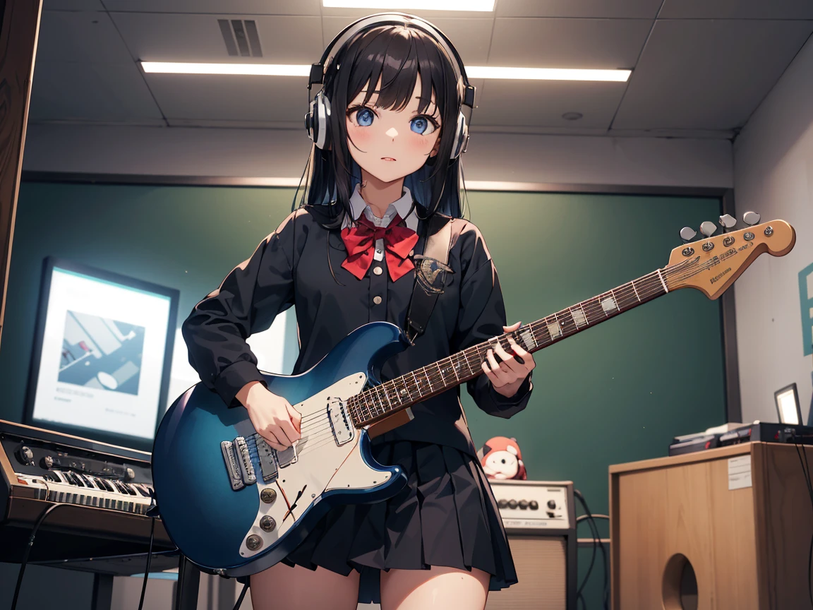 ((masterpiece,best quality)),1girl, solo, black skirt, blue eyes, electric guitar, guitar, headphones, holding, holding plectrum, instrument, long straight hairs, music, one side up, black hair, playing guiter, pleated skirt, , indoors ,(adult),bangs,(straight on:1.5), schools uniform, plump body