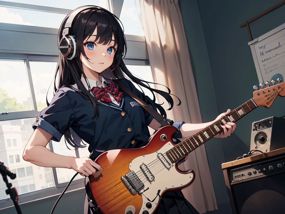 ((masterpiece,best quality)),1girl, solo, black skirt, blue eyes, electric guitar, guitar, headphones, holding, holding plectrum, instrument, long straight hairs, music, one side up, black hair, playing guiter, pleated skirt, , indoors ,(adult),bangs,(straight on:1.5), schools uniform, plump body