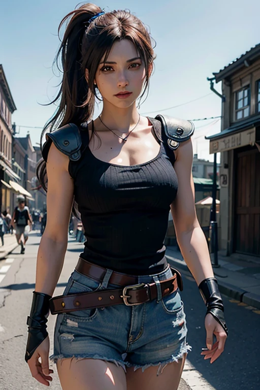 (8K, Top Quality, Masterpiece: 1.2), (Realistic, Photorealistic: 1.37), Ultra HD, Final Fantasy VII Remake&#39;s Tifa Lockhart sitting on a date in a highly detailed café in a cityscape A detailed portrait with beautiful detailed eyes and a blushing nose that makes you look cute and solo. She wears single elbow pads, ankle boots, a black skirt, black thigh-highs, red boots, and elbow gloves, elbow pads, and fingerless gloves. Her outfit includes a sports bra, suspender skirt, thigh highs, and a white tank top. The full body is visible with the head resting on the hand, revealing a pretty face, long hair tied low, and lips. The scene is lit with professional lighting, photon mapping and radiosity, creating a cyberfuturistic atmosphere in the style of Tetsuya Nomura. The background features yellow flowers and a bokeh effect. Tifa smiled a little and closed her mouth.