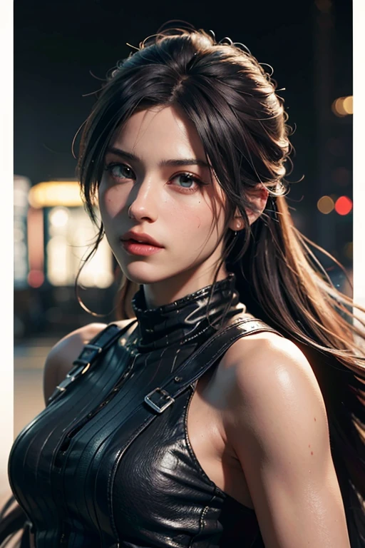 (8K, Top Quality, Masterpiece: 1.2), (Realistic, Photorealistic: 1.37), Ultra HD, Final Fantasy VII Remake's Tifa Lockhart sitting on a date in a highly detailed café in a cityscape A detailed portrait with beautiful detailed eyes and a blushing nose that makes you look cute and solo. She wears single elbow pads, ankle boots, a black skirt, black thigh-highs, red boots, and elbow gloves, elbow pads, and fingerless gloves. Her outfit includes a sports bra, suspender skirt, thigh highs, and a white tank top. The full body is visible with the head resting on the hand, revealing a pretty face, long hair tied low, and lips. The scene is lit with professional lighting, photon mapping and radiosity, creating a cyberfuturistic atmosphere in the style of Tetsuya Nomura. The background features yellow flowers and a bokeh effect. Tifa smiled a little and closed her mouth.