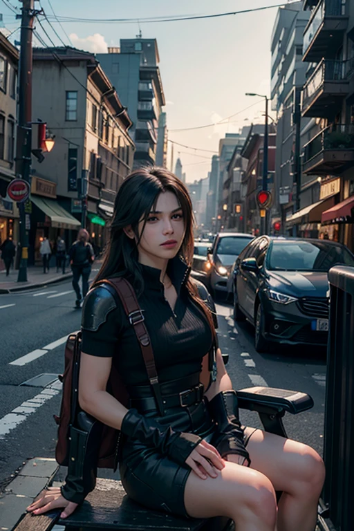 (8K, Top Quality, Masterpiece: 1.2), (Realistic, Photorealistic: 1.37), Ultra HD, Final Fantasy VII Remake&#39;s Tifa Lockhart sitting on a date in a highly detailed café in a cityscape A detailed portrait with beautiful detailed eyes and a blushing nose that makes you look cute and solo. She wears single elbow pads, ankle boots, a black skirt, black thigh-highs, red boots, and elbow gloves, elbow pads, and fingerless gloves. Her outfit includes a sports bra, suspender skirt, thigh highs, and a white tank top. The full body is visible with the head resting on the hand, revealing a pretty face, long hair tied low, and lips. The scene is lit with professional lighting, photon mapping and radiosity, creating a cyberfuturistic atmosphere in the style of Tetsuya Nomura. The background features yellow flowers and a bokeh effect. Tifa smiled a little and closed her mouth.