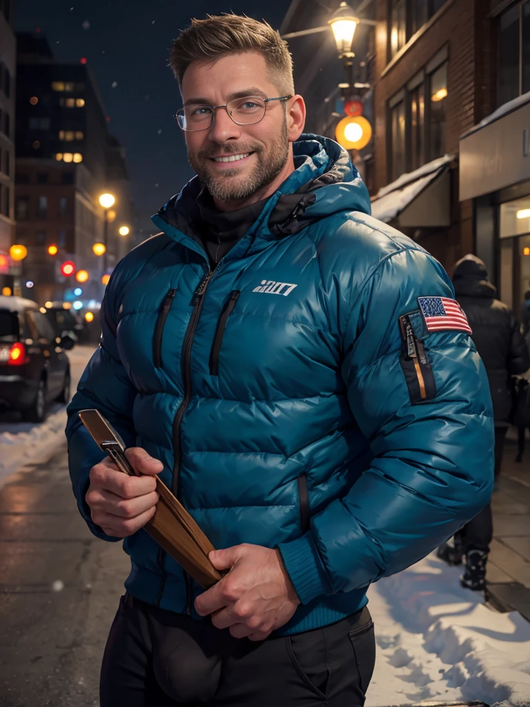 Award-winning original photo,((2 men)),Men,, Wild muscle man, (40-year-old father:1.1), beard, Burly,Macho, blue eyes, Jacket,Big bulge,Excellent J8, Smiling happily, One of the men wearing glasses, standing on a snow city streets, Cold atmosphere, snow, Embrace, detailed, charming, Close-up of face,Perfect hand details
