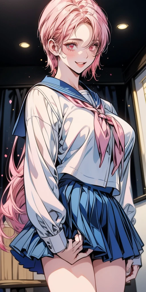 long hair, bangs, pink hair, hair bow, red bow (pink eyes:1.5), smile, shirt, long sleeves, school uniform, sailor collar, neckerchief, yellow neckerchief, shirt, blue shirt, blue sailor collar (blue skirt:1.5), indoors classroom, looking at viewer (cowboy shot:1.5) (masterpiece:1.2) best quality, high resolution, unity 8k wallpaper (illustration:0.8) (beautiful detailed eyes:1.6) extremely detailed face, perfect lighting, extremely detailed CG (perfect hands, perfect anatomy)