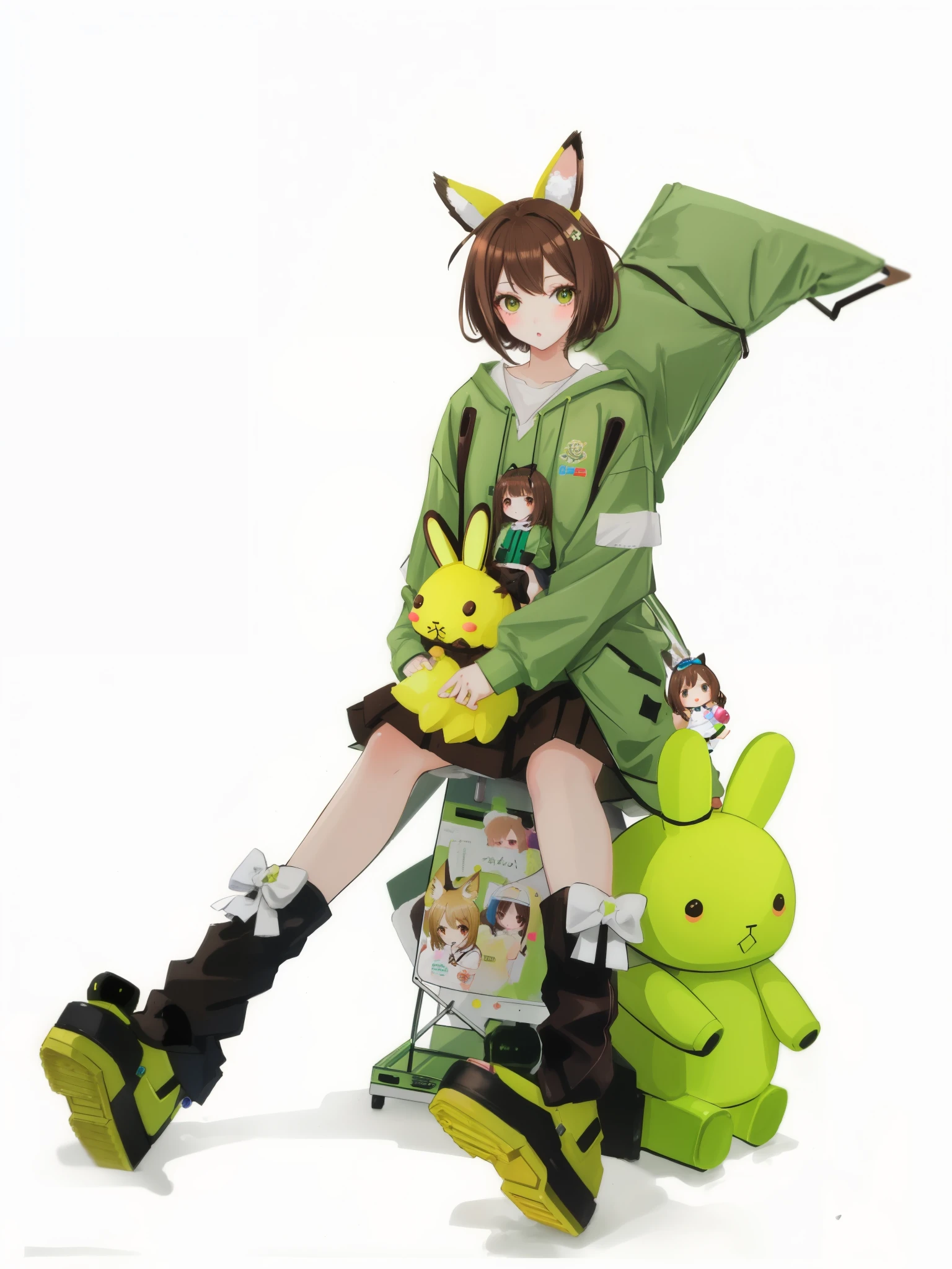 (brown hair swept bangs:1.3), a close up of a person sitting on a pile of stuffed animals, kemonomimi, cute fumo plush bunny girl, perfect android girl family, ball jointed doll, green clothes, casual green clothing, portrait a woman like reol, green clothing, android heroine, insect trainer girl, shikamimi, anime robotic mixed with organic, acid pixie