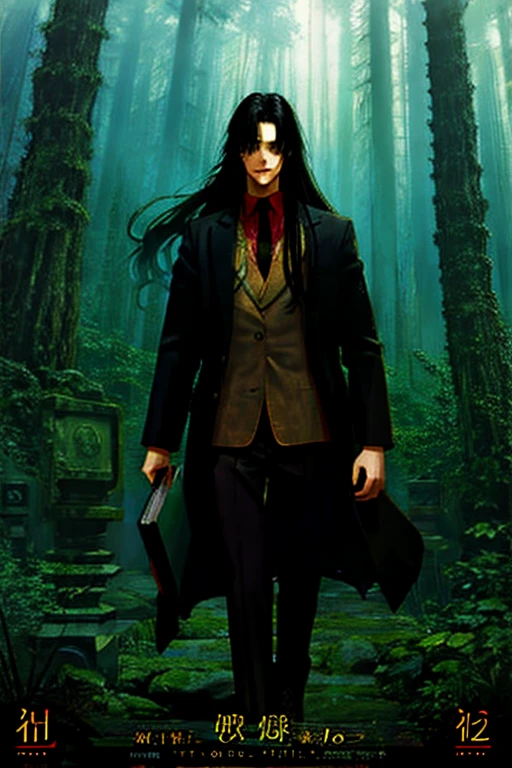Mystical style, forest and youth, A book in his hand, (Best quality, movie poster style), The guy with the long hair, black hair: 1.2), (Outstanding Mystery Writer: 1.1),